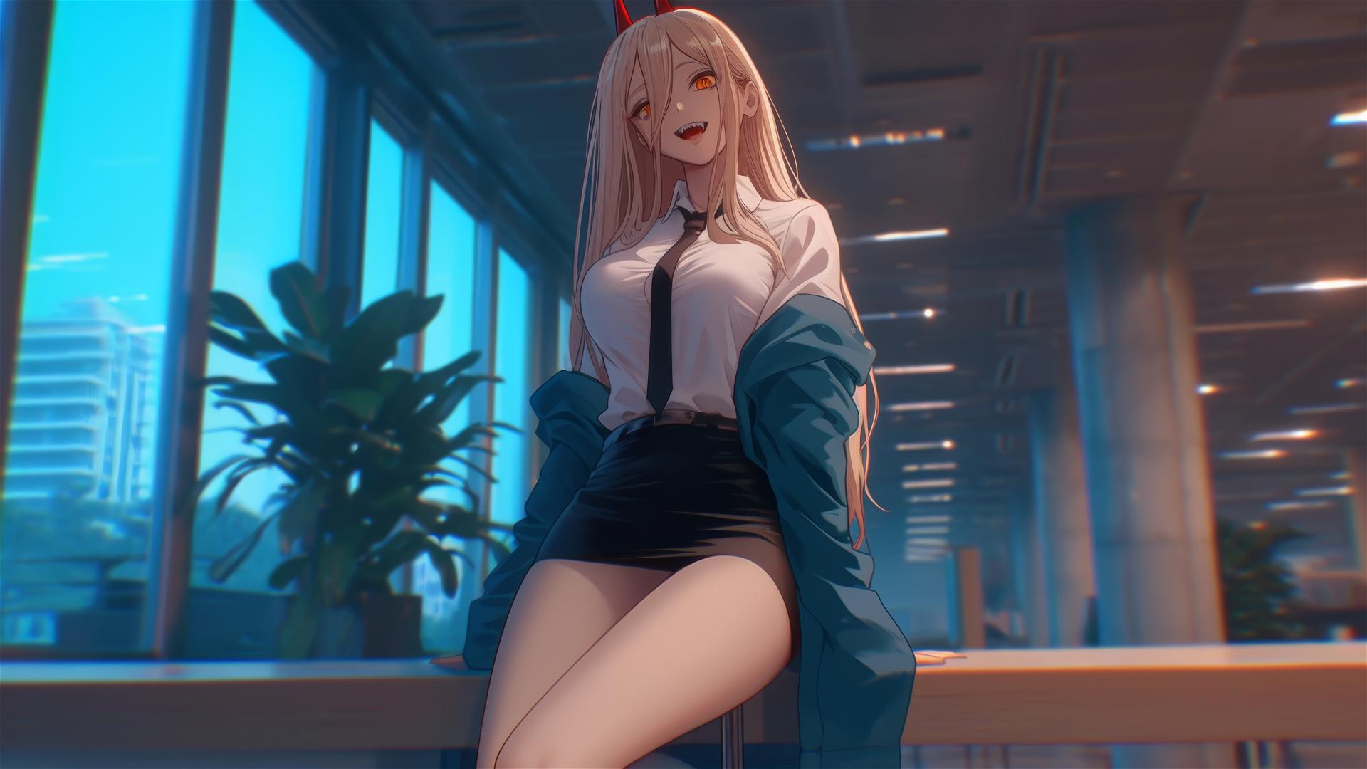 Power from Chainsaw Man in office hallway with focus on thighs, hair, horns, and eyes
