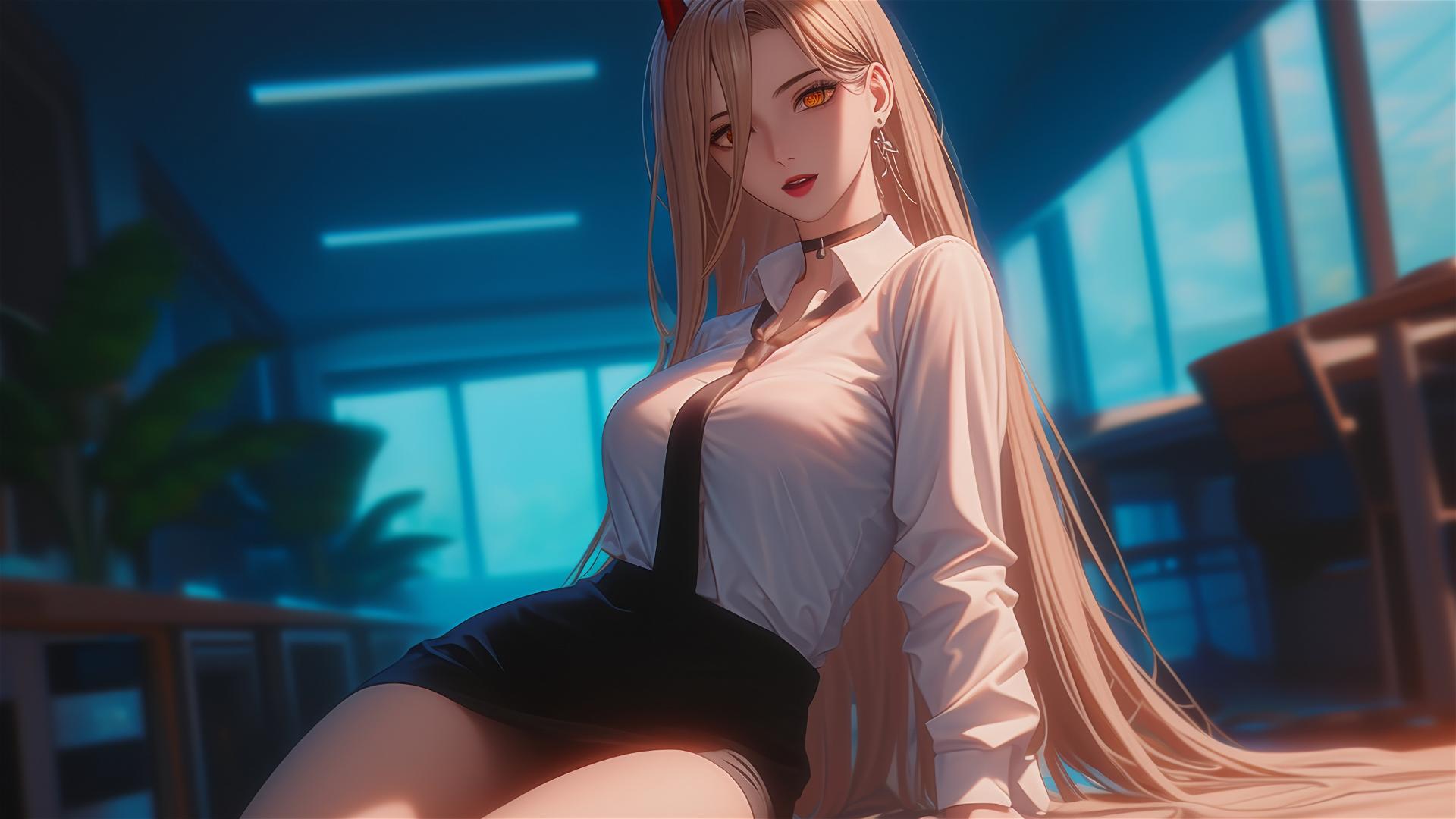 Remote angle view of Power from Chainsaw Man at the end of a long office hallway, highlighting her thighs, blonde hair, light red horns, and yellow eyes