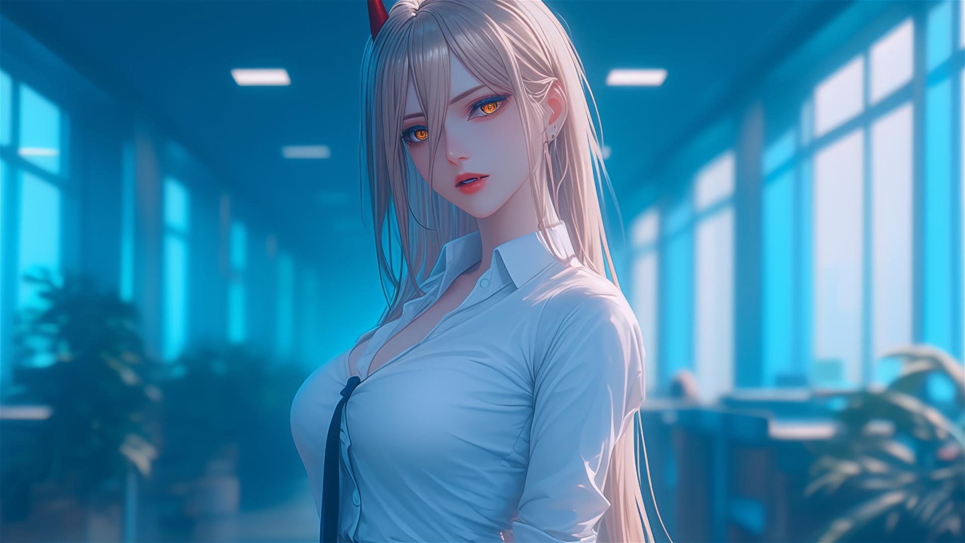 Power from Chainsaw Man at end of office hallway with focus on blonde hair, red horns, yellow eyes
