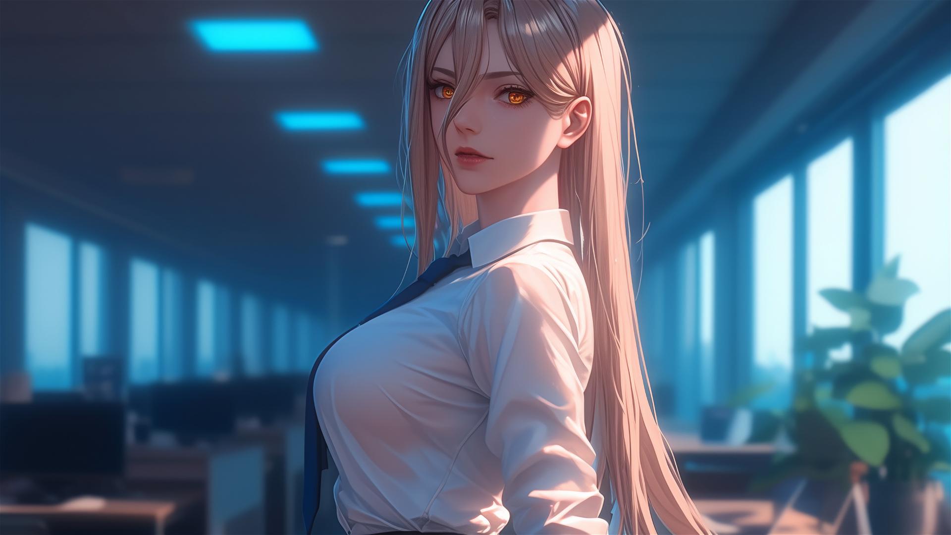Remote angle showcasing Power from Chainsaw Man at end of long office hallway, highlighting her thighs, blonde hair, light red horns, and yellow eyes