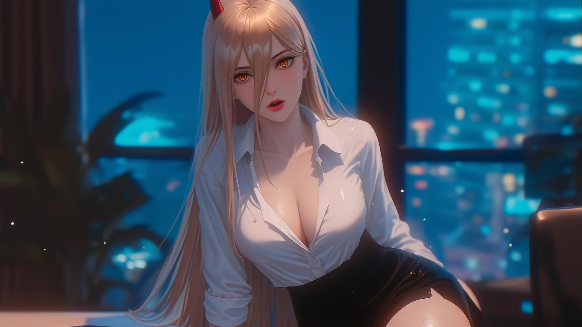Blonde haired Chainsaw Man character with red horns and yellow eyes in office
