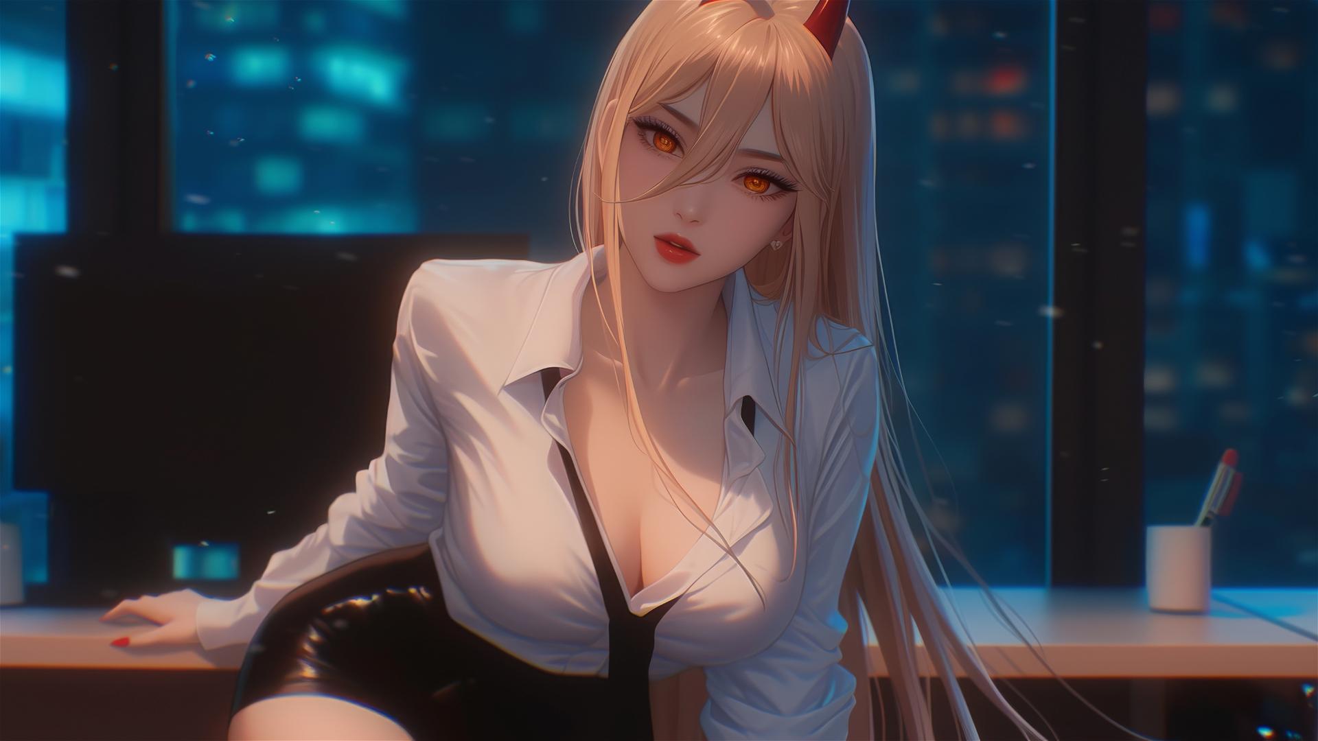 Bird's-eye view of Power from Chainsaw Man in an office setting with blonde hair, light red horns, and yellow eyes