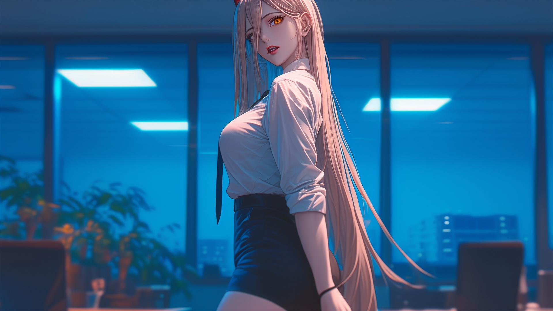 Power from Chainsaw Man seen distantly through an office conference room, her blonde hair, light red horns, and yellow eyes in focus