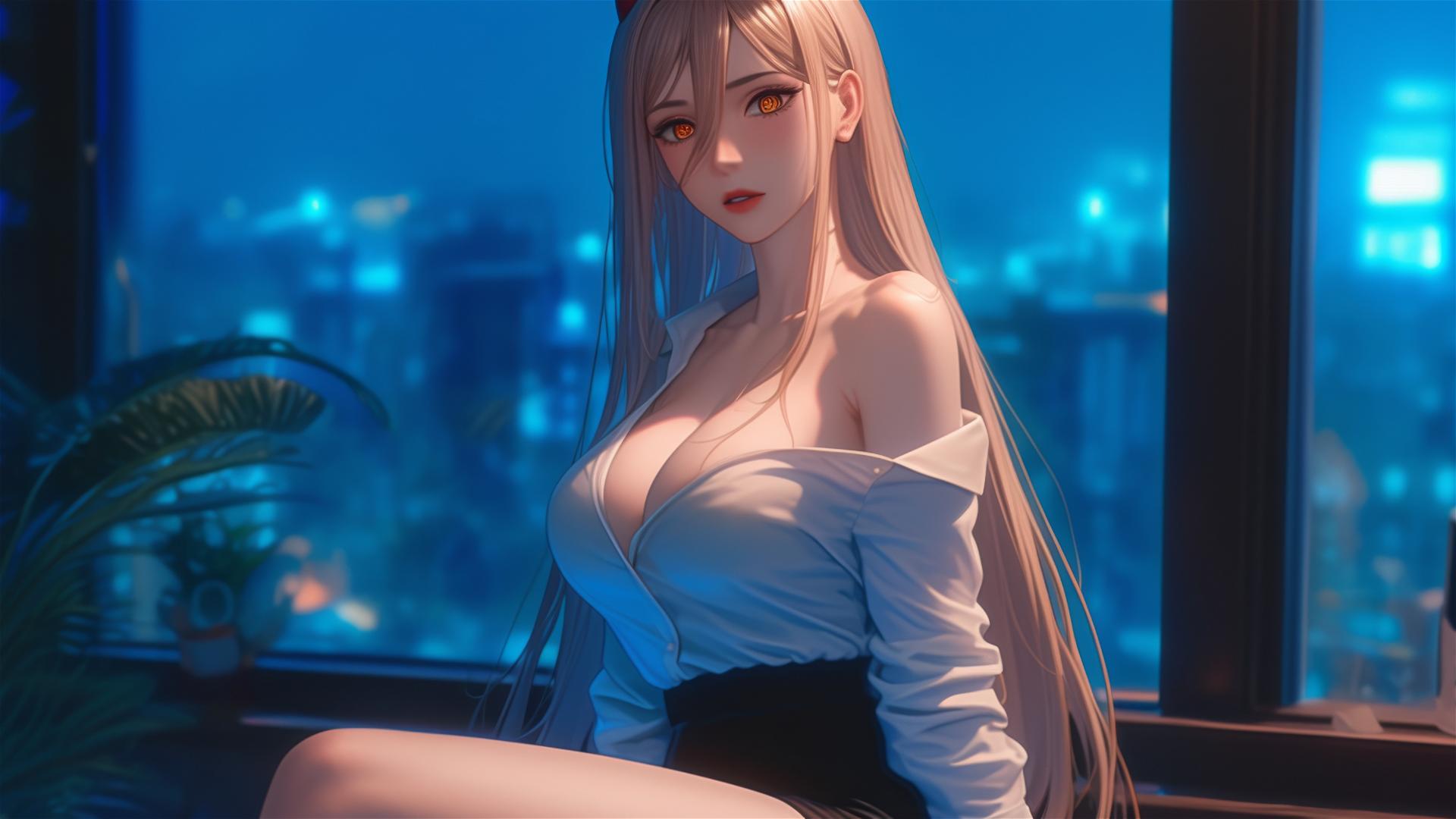 Power from Chainsaw Man with thigh, blonde hair, red horns, yellow eyes in office