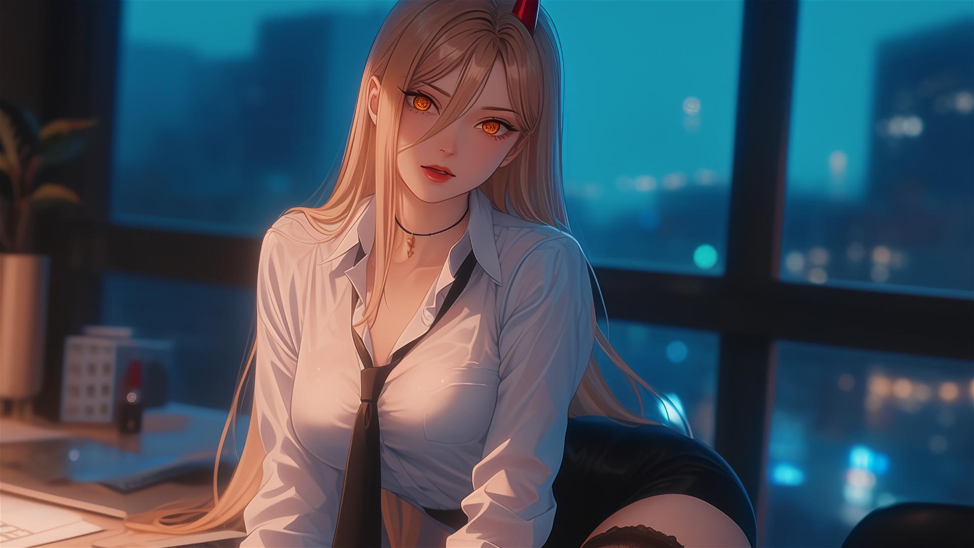 Power from Chainsaw Man on office balcony, showing thigh, blonde hair, red horns, yellow eyes