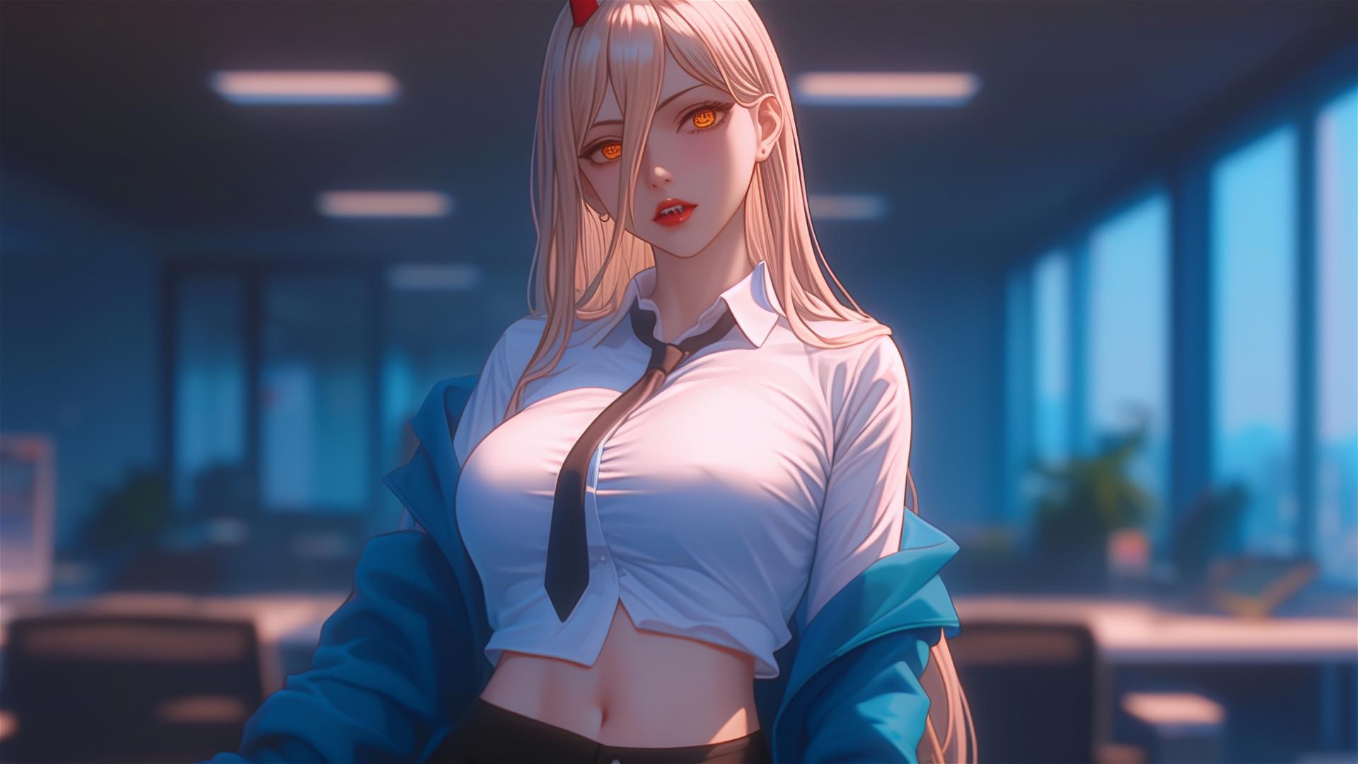 An illustration of Power from Chainsaw Man, standing in an office doorway with focus on her thighs, blonde hair, light red horns, and yellow eyes