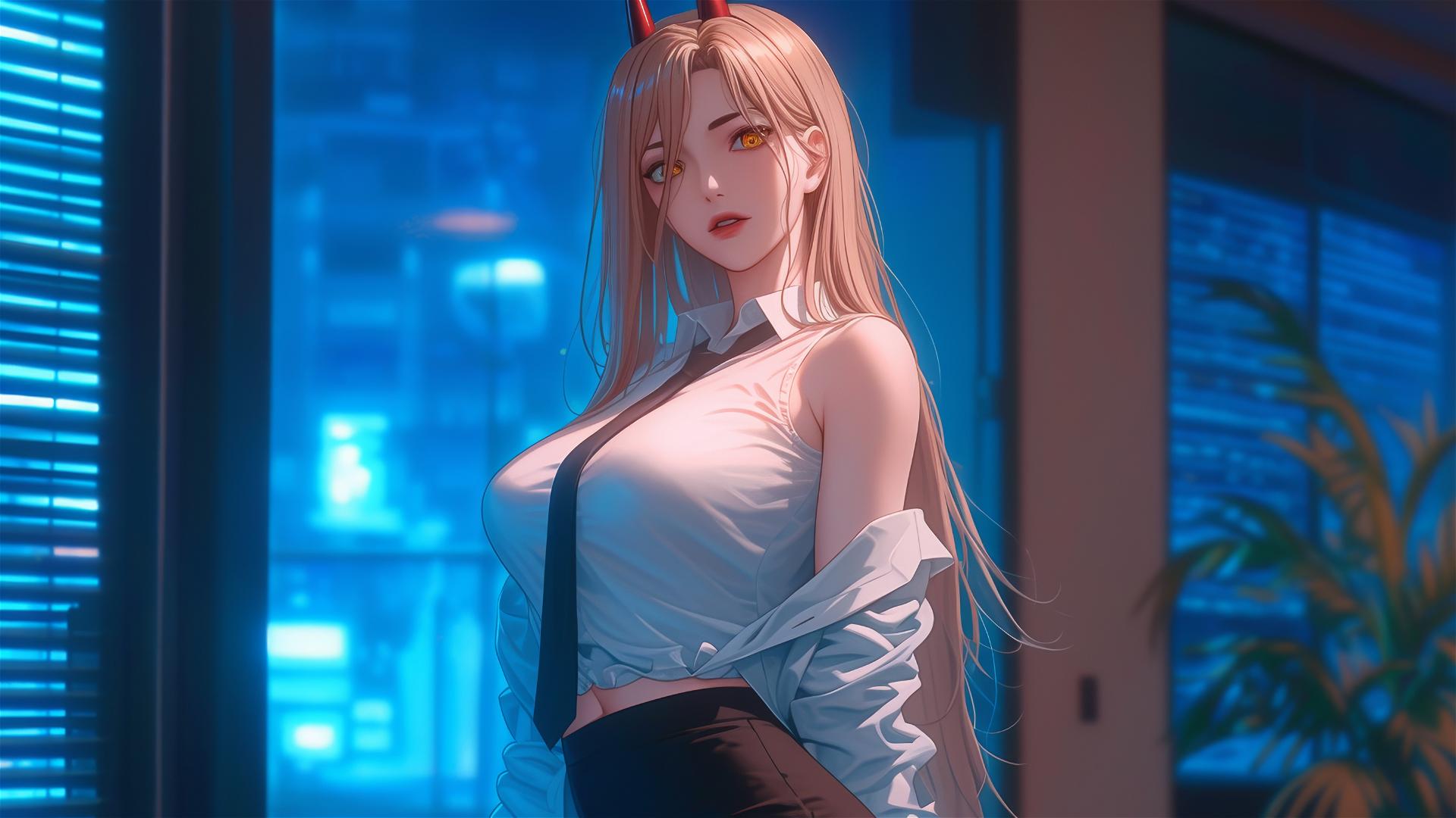 Power, a character from Chainsaw Man, standing distantly in an office doorway, focus on thighs, blonde hair, light red horns, yellow eyes. Detailed office background.