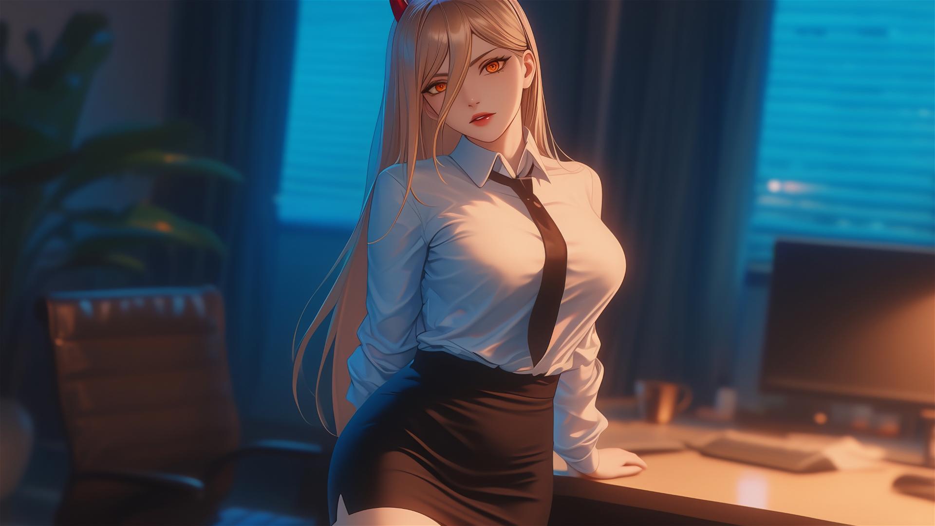 Power from Chainsaw Man standing in office, light red horns, yellow eyes, thigh visible