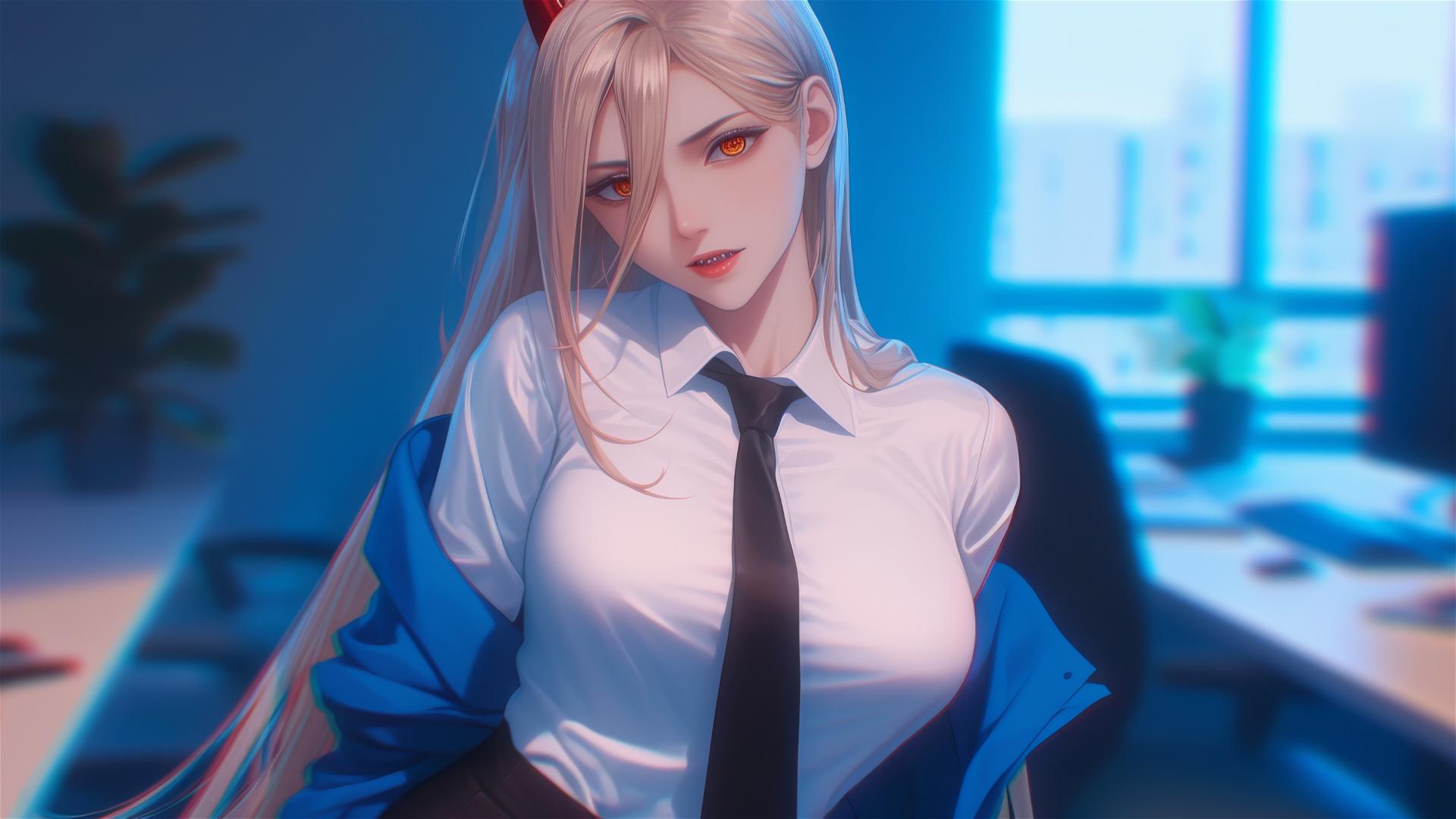 Power from Chainsaw Man at office with blonde hair, light red horns, and yellow eyes from a overhead view