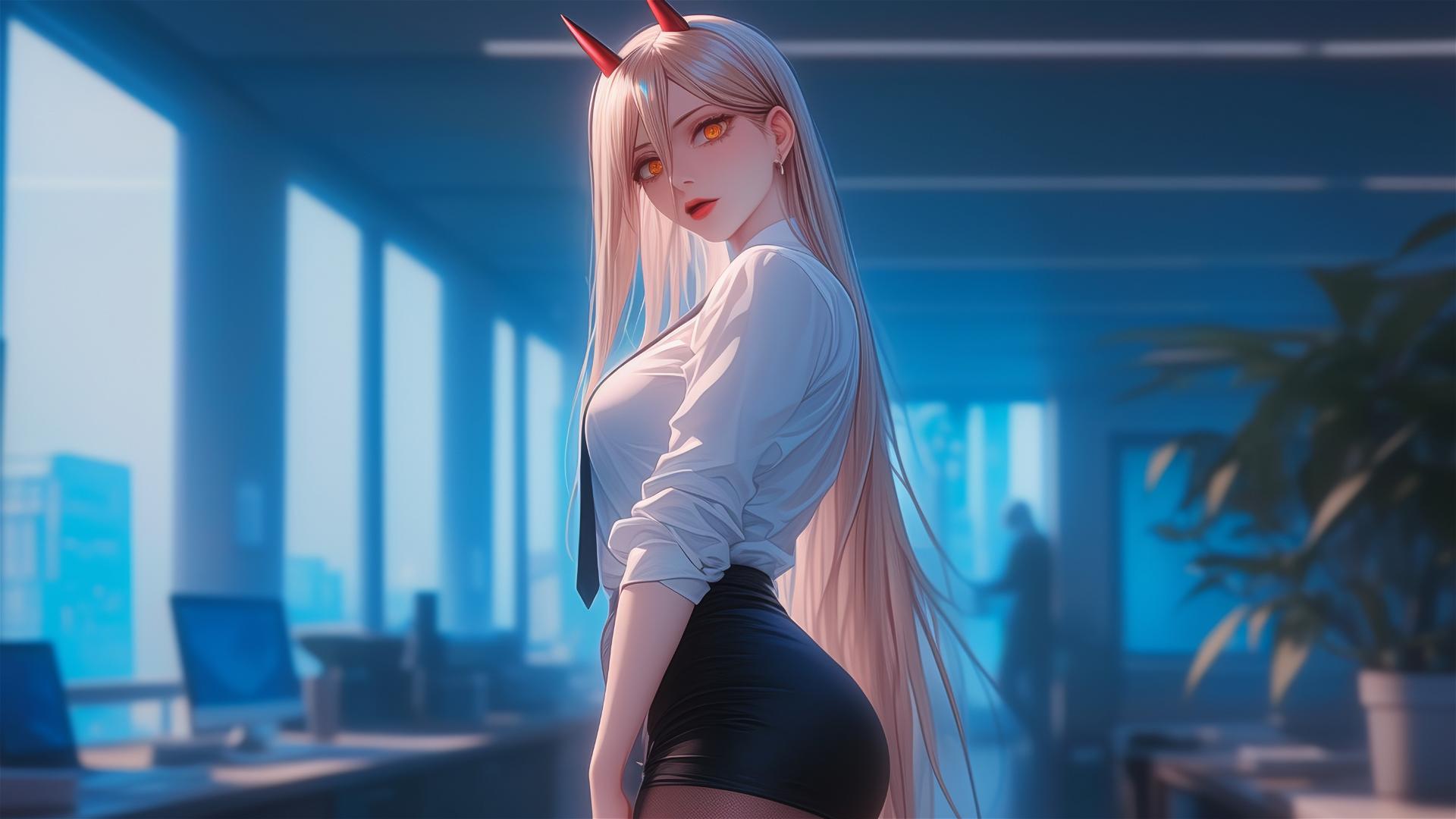 Power from Chainsaw Man standing in office, emphasis on thigh, blonde hair, light red horns, and yellow eyes
