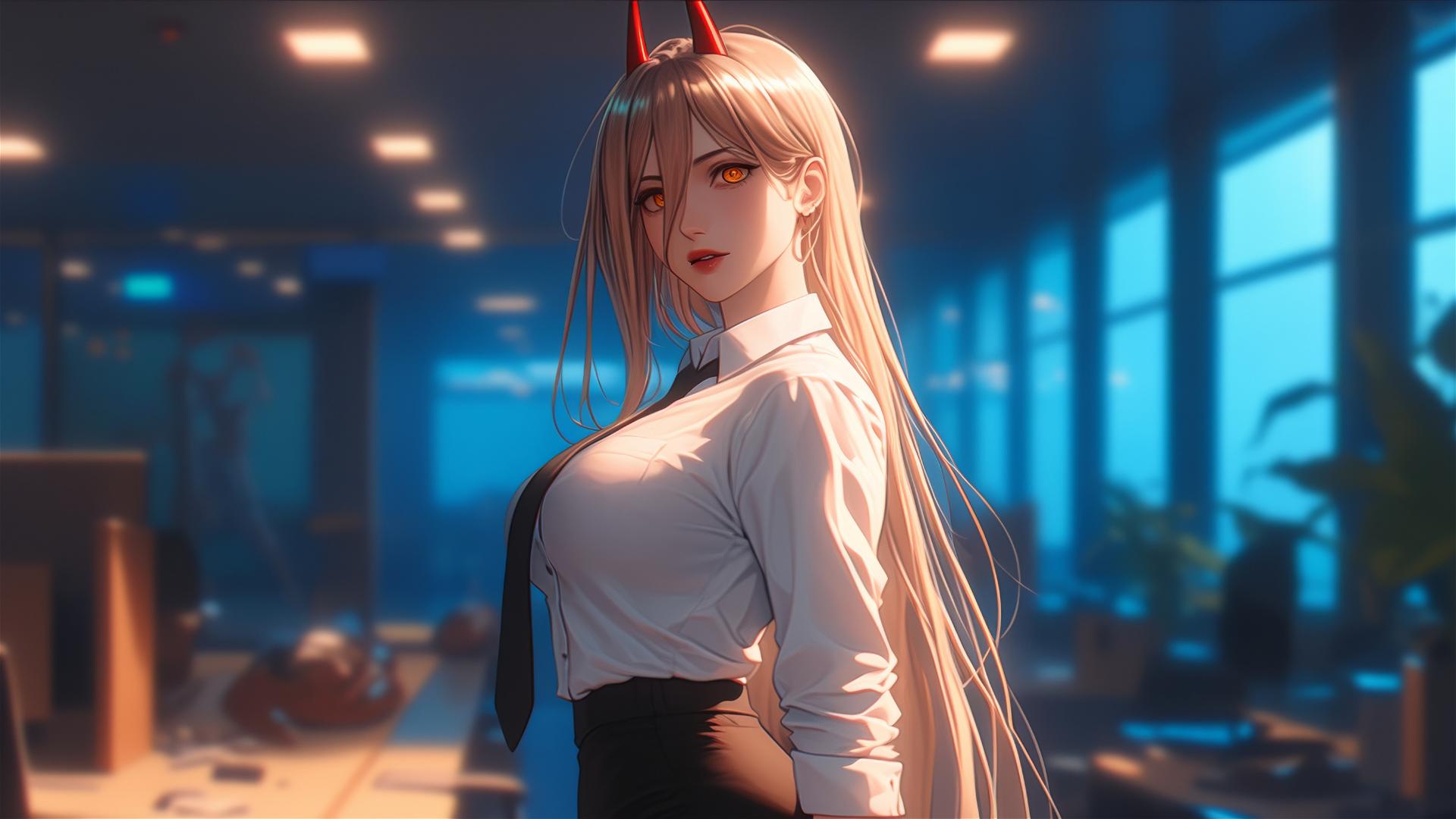 Power from Chainsaw Man standing in an office, light red horns, yellow eyes