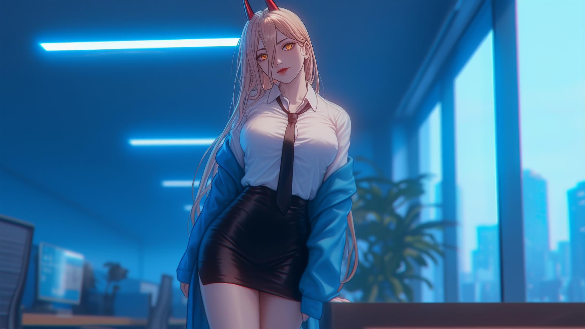 Power from Chainsaw Man in office, blonde hair, red horns, yellow eyes
