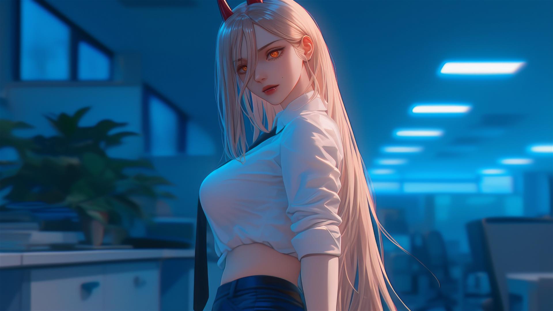 Power from Chainsaw Man in office, showcasing thigh, blonde hair, horns, and yellow eyes.