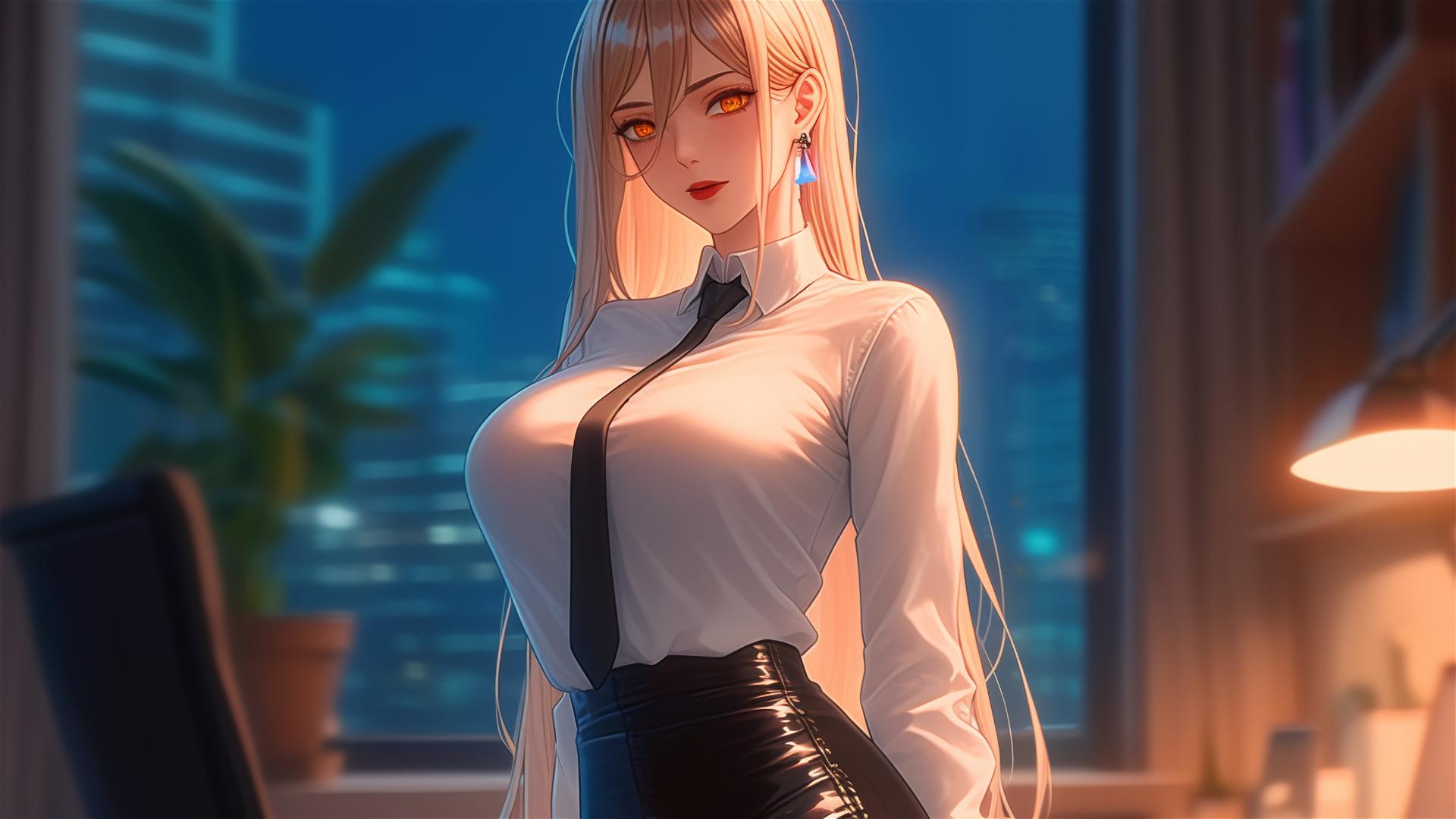 Anime character Power from Chainsaw Man standing casually in an office scene, captured from a lower angle showcasing her blonde hair, light red horns, and yellow eyes