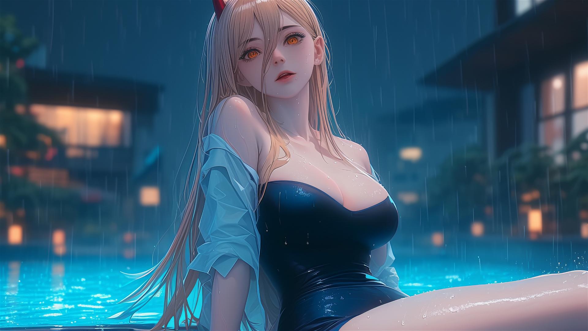 Power from Chainsaw Man resting at pool with blond hair and red horns