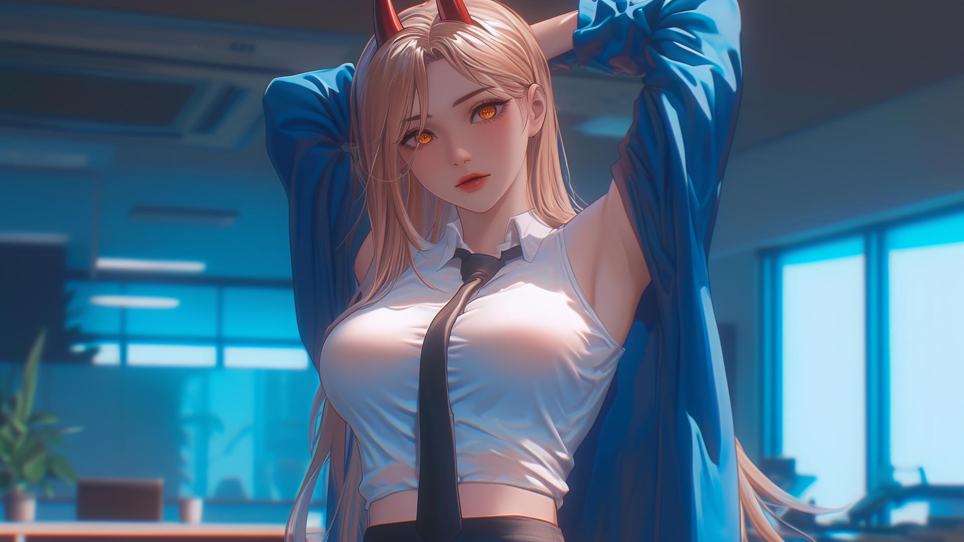 Blond Power with red horns and yellow eyes standing in an office.