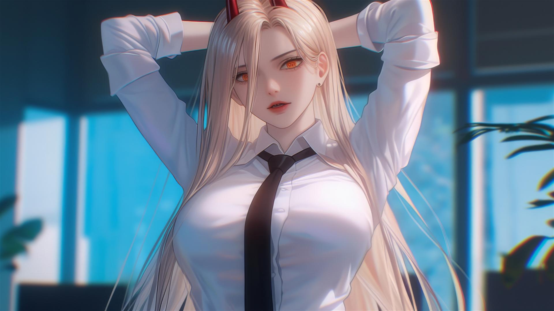 Power from Chainsaw Man standing in an office with thigh focus, blond hair, red horns and yellow eyes.