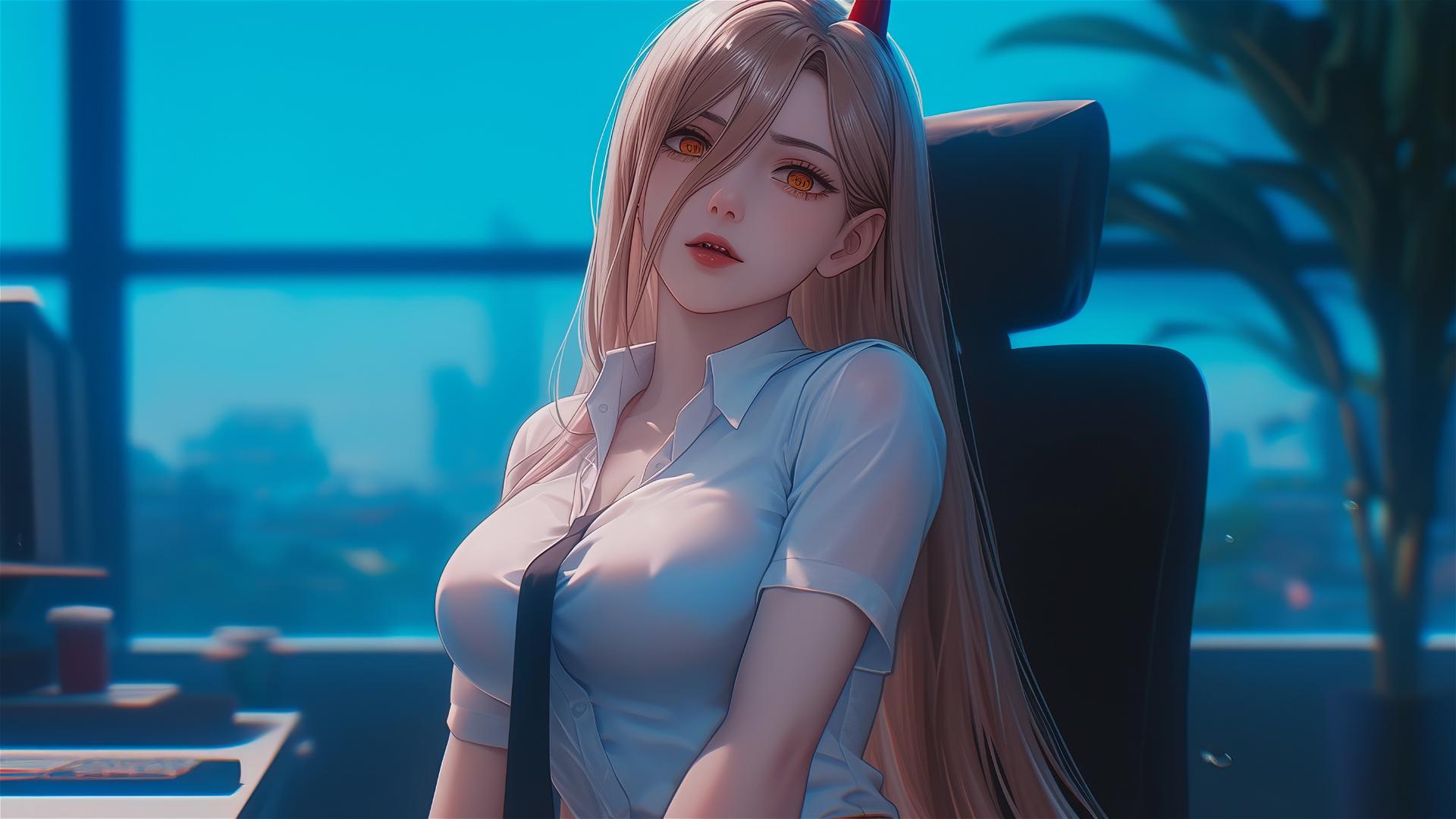 Power from Chainsaw Man standing in an office, blond hair and light red horns, yellow eyes