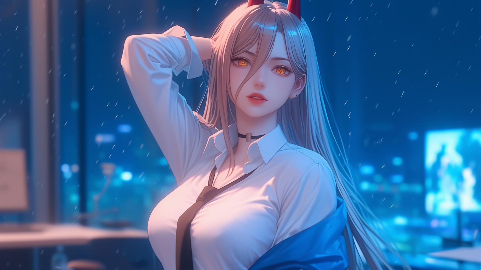 Artwork of Power from Chainsaw Man with yellow eyes, blond hair, and light red horns, leisurely standing in the office with focus on thighs