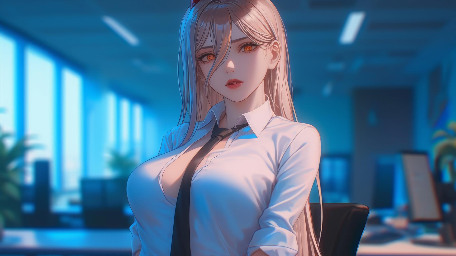 Power from Chainsaw Man standing in office, thigh focus, blonde, light red horns, yellow eyes