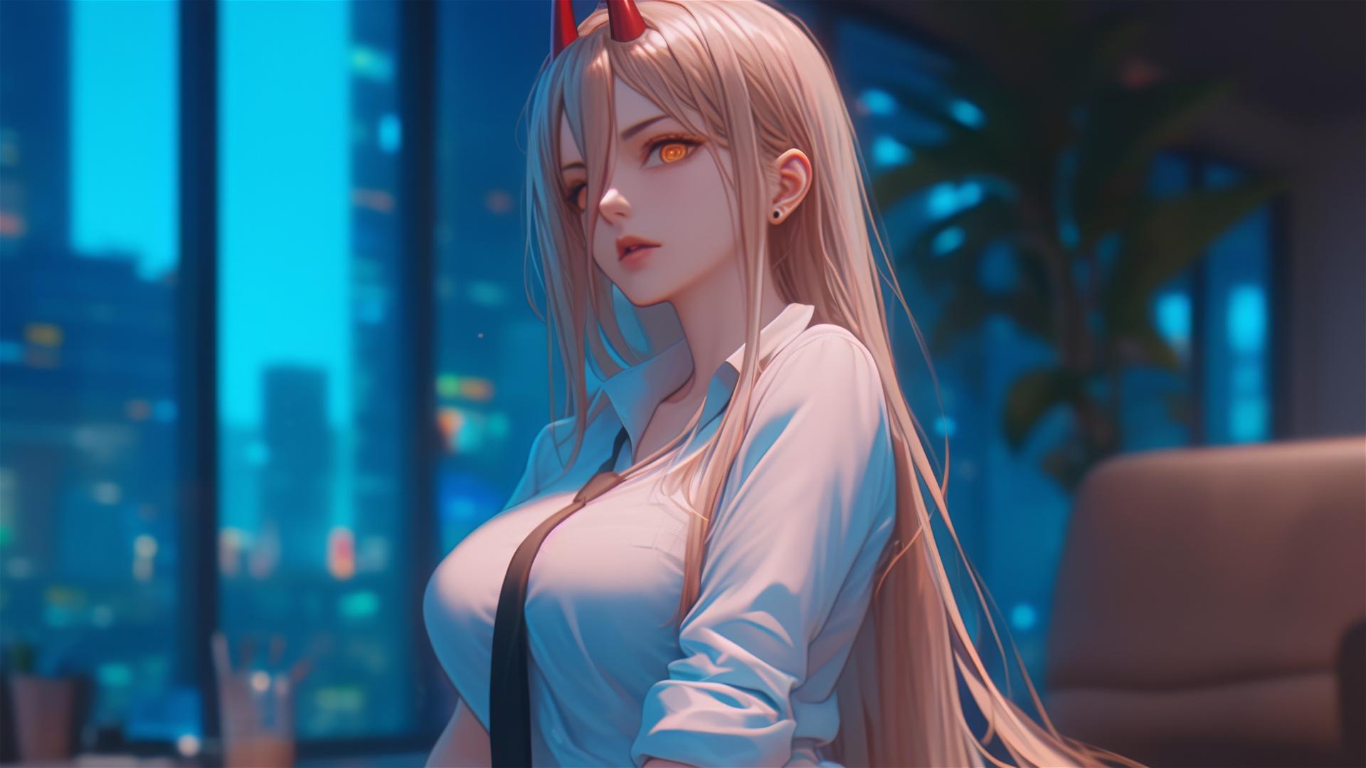 Power, a character from Chainsaw Man, casually standing in an office, with focus on her thighs, blond hair, and light red horns protruding from her head and yellow eyes