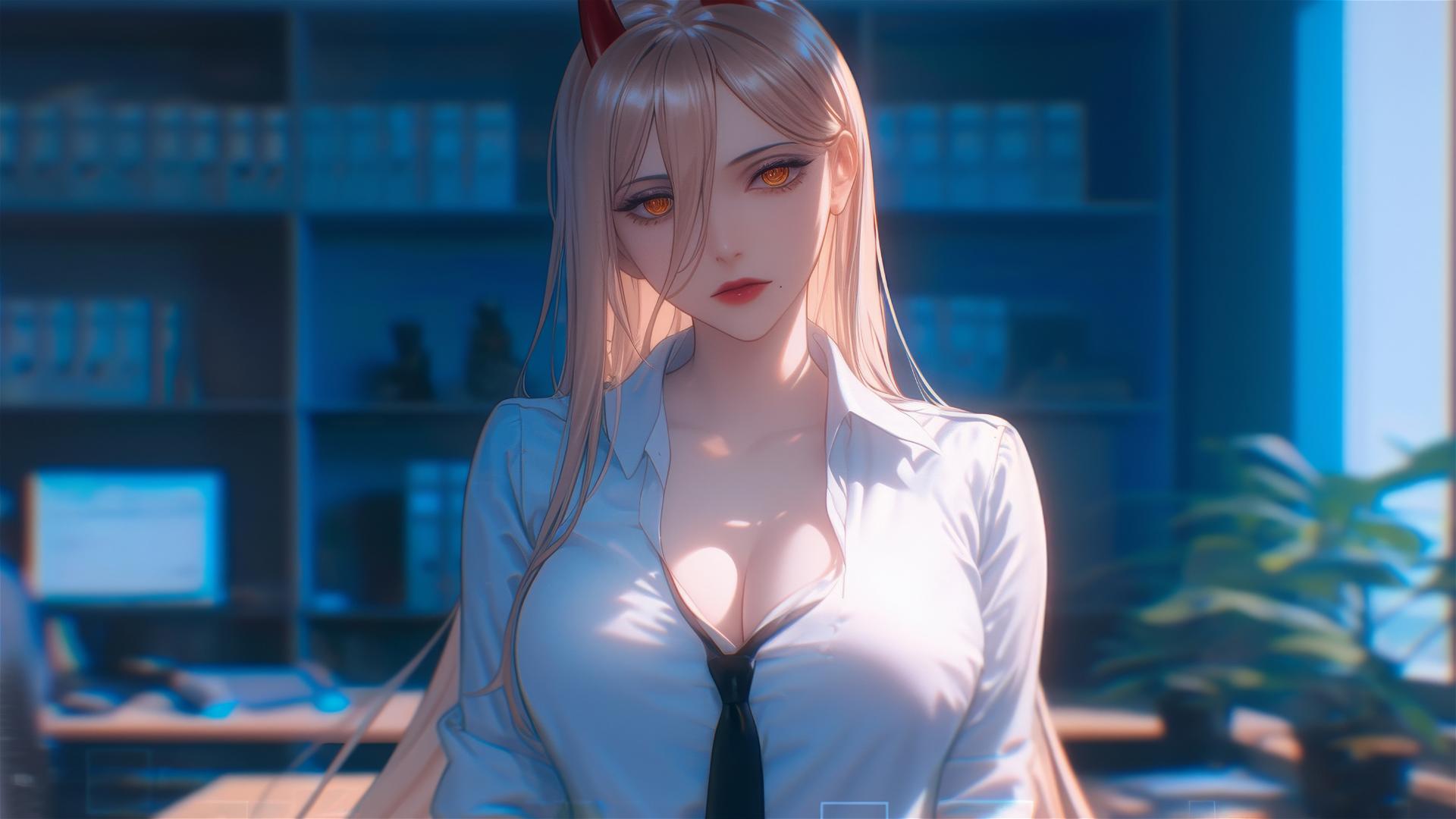 Power from Chainsaw Man standing in office with light red horns, blond hair, focused on thighs and yellow eyes