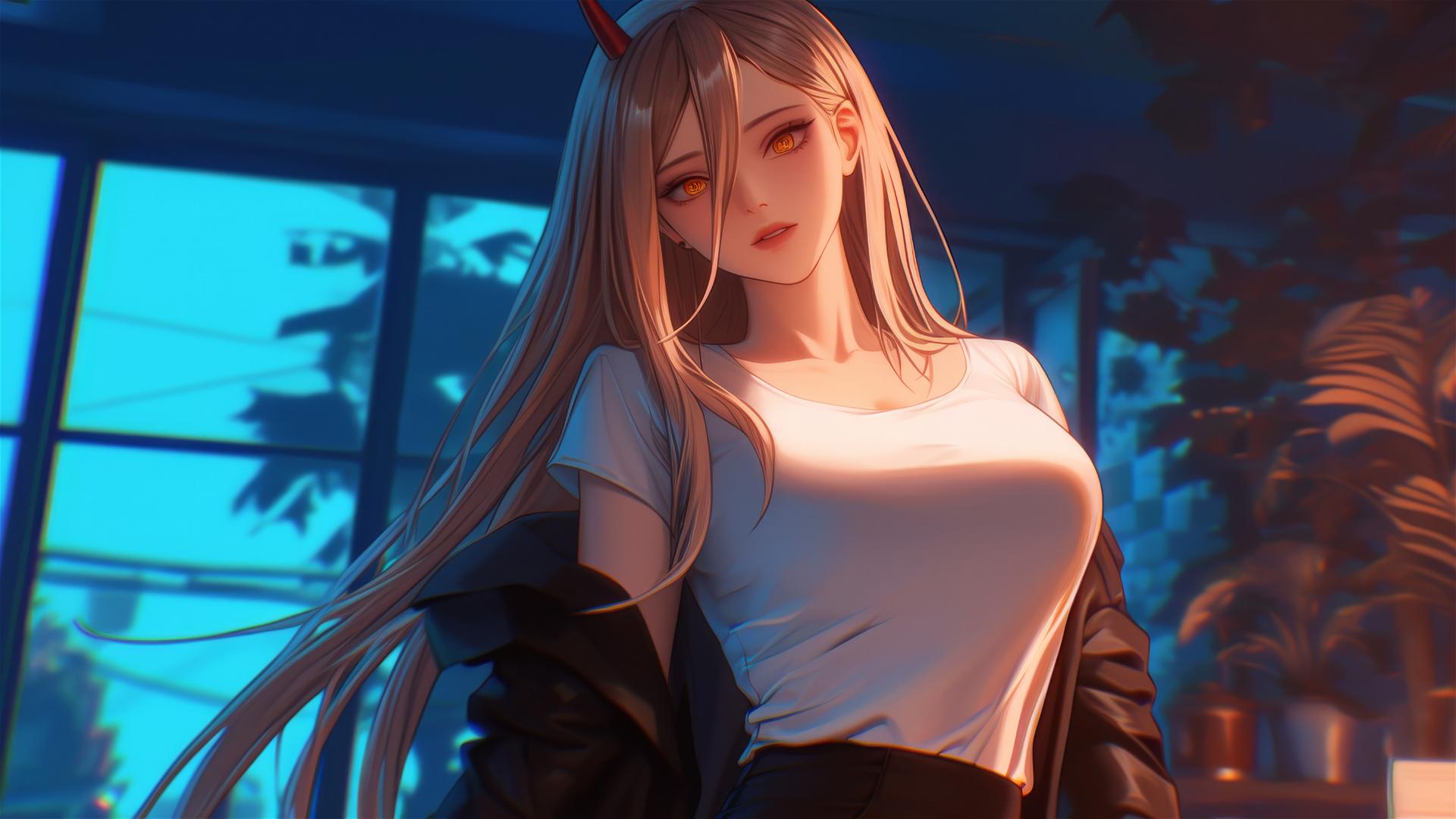 Power from Chainsaw Man, casually standing in an office, with blonde hair, light red horns, and yellow eyes
