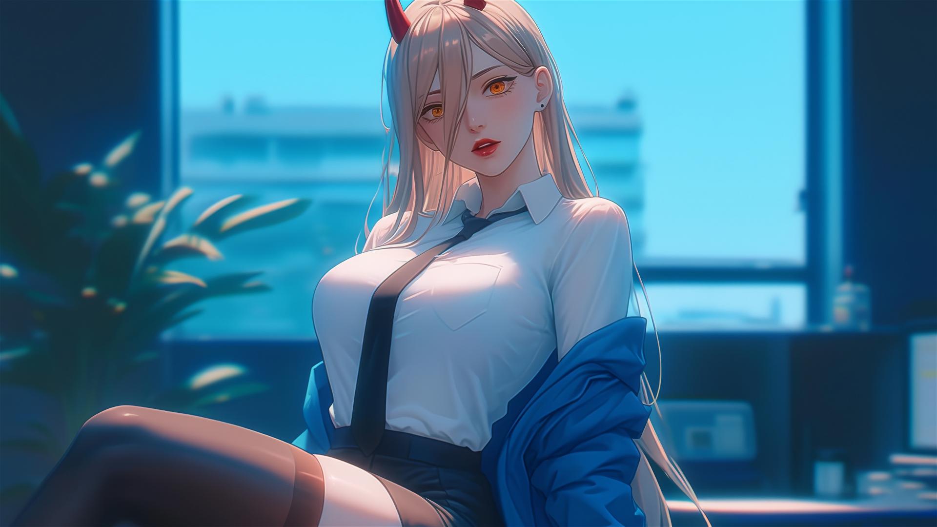 Power from Chainsaw Man standing leisurely in an office, focusing on thighs, blond hair, red horns, and yellow eyes
