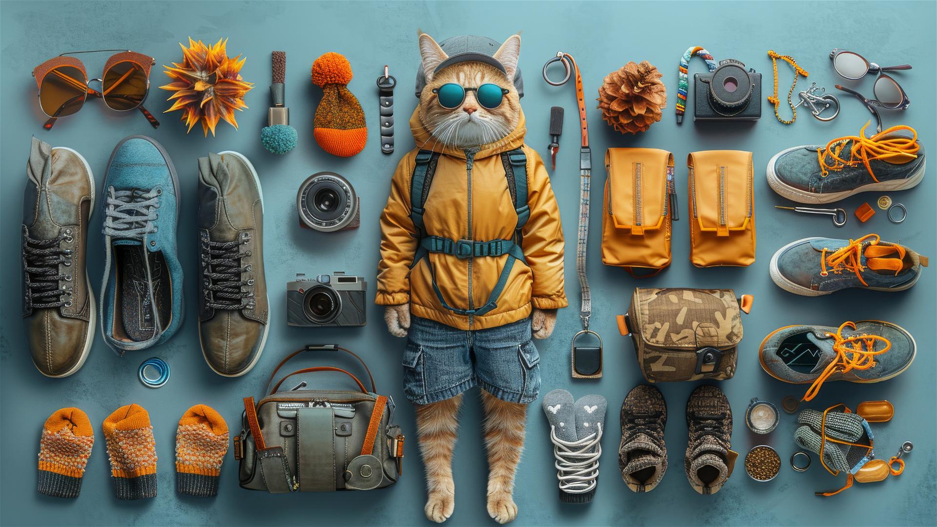 Stylish cat in sunglasses, hat, shorts and sneakers surrounded by accessories, light blue background