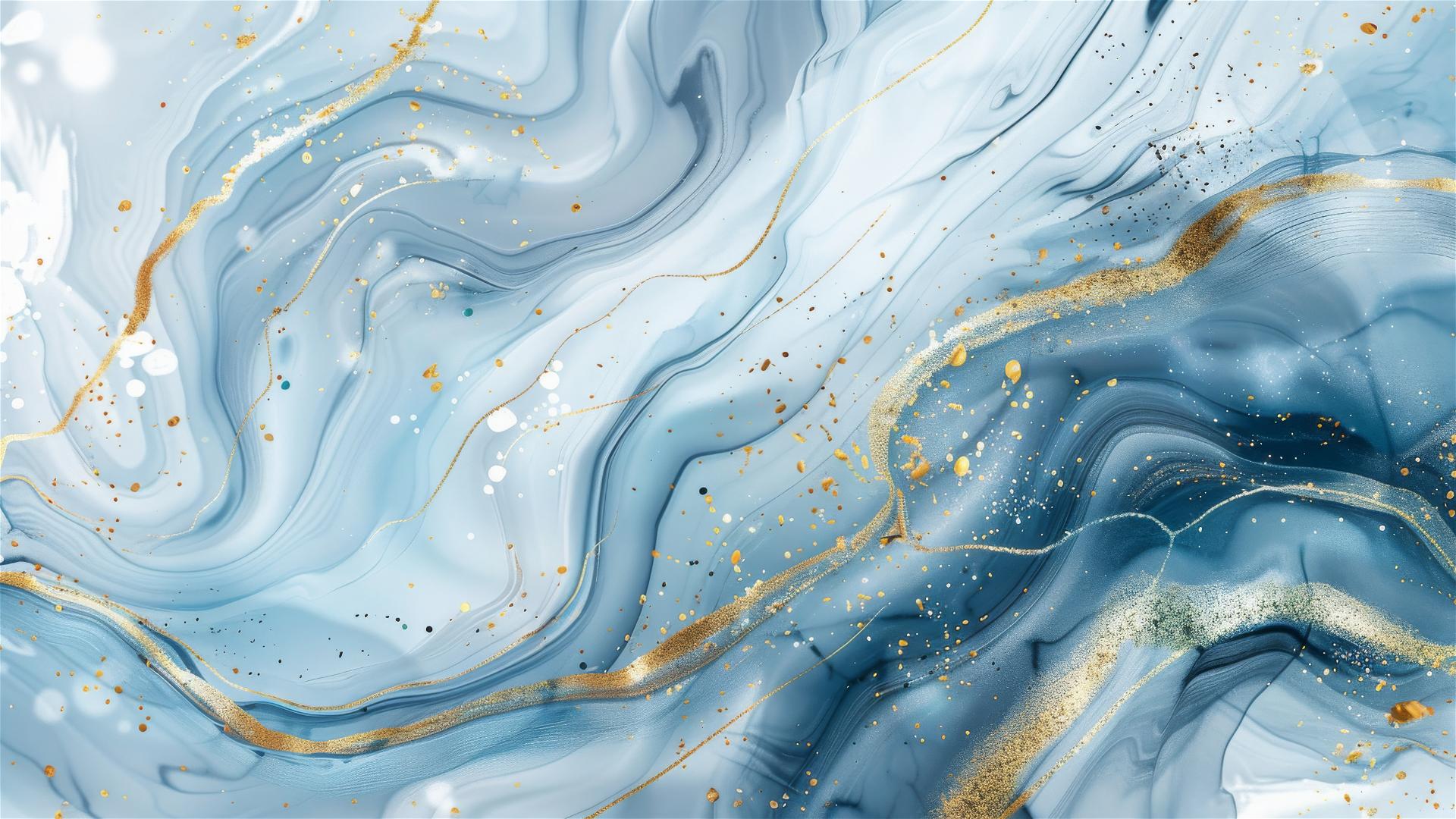 Abstract lightblue and white marble background with golden lines and watercolor style art