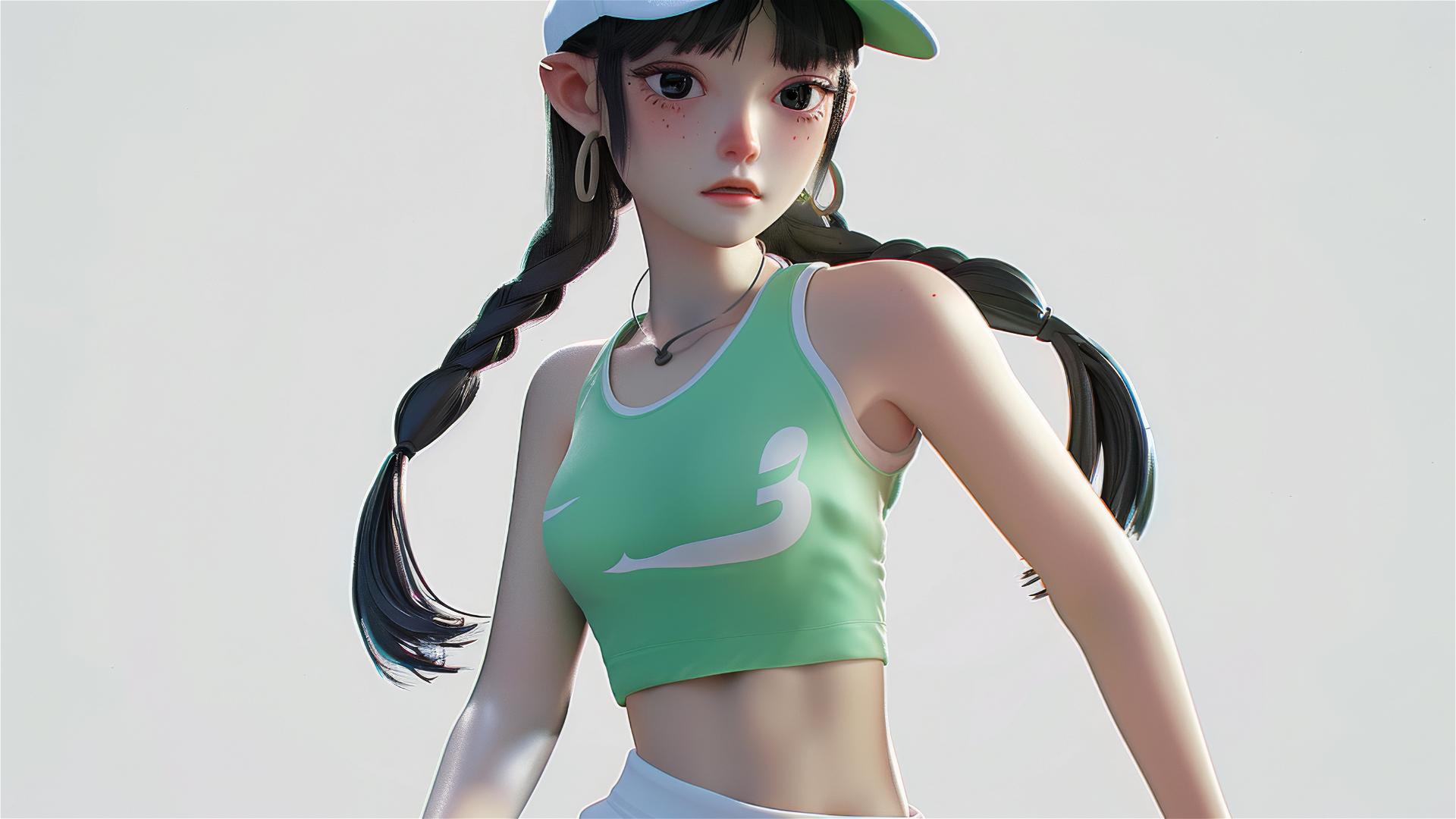 Close-up of a 3D anime girl in sportswear standing on a white background, featuring fine details and astounding beauty, inspired by Li Rongjin and Disney artists.