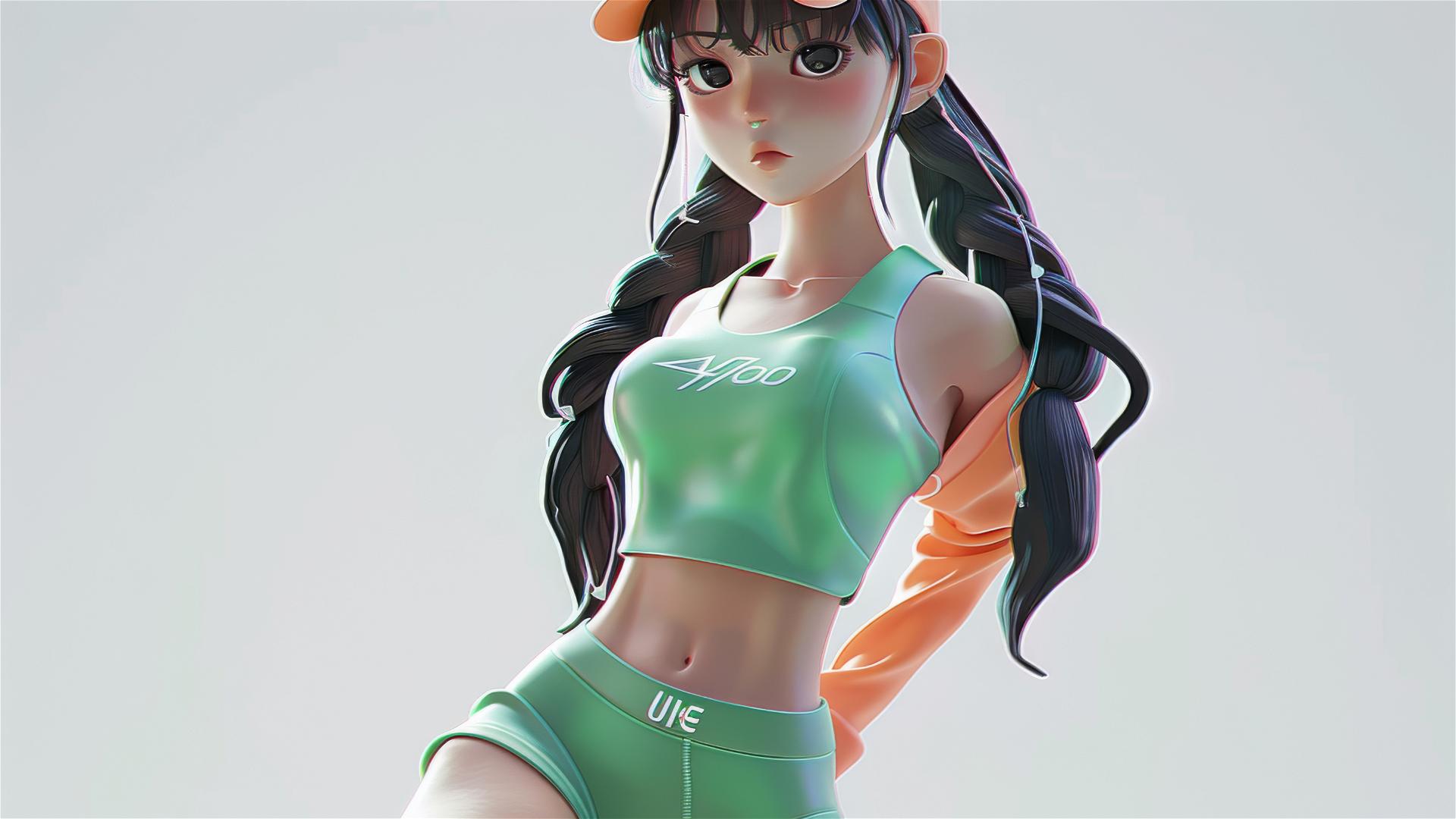 Close-up of a 3D anime girl in sportswear inspired by Li Rongjin with braided hair on a white background
