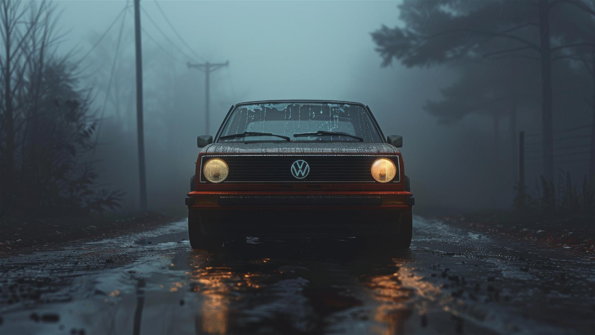 Closeup of a Volkswagen Jetta in dim, foggy, gothic setting