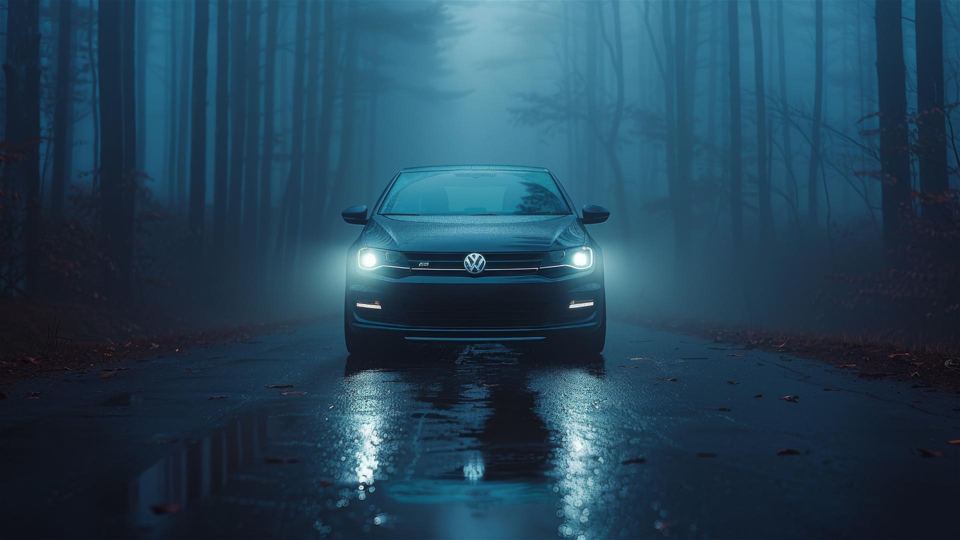 Close-up of a Volkswagen Jetta in dim, gothic fog