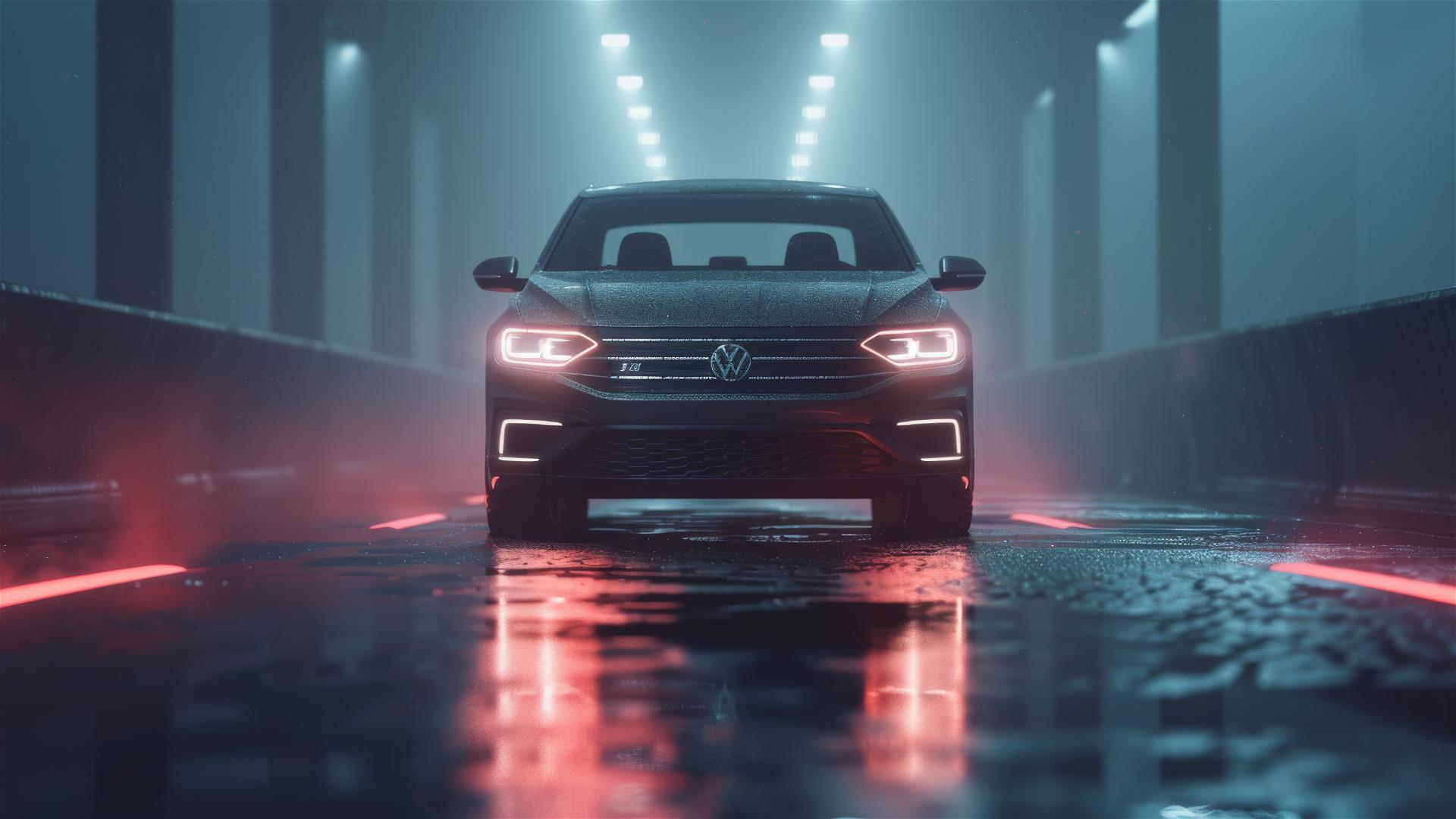 Closeup view of a Volkswagen Jetta in dim, gothic-lighting and foggy surroundings, rendered in 8k photorealistic quality