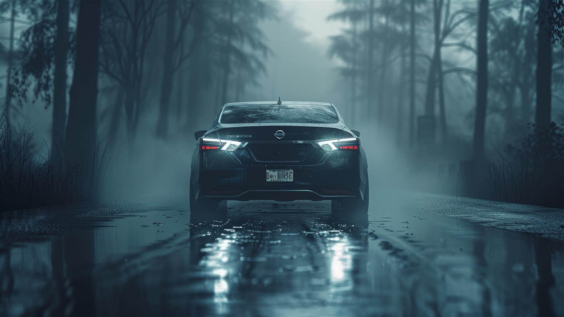 Nissan Altima in dim, Gothic gloomy lighting, closeup with foggy, photorealistic 8K smooth image