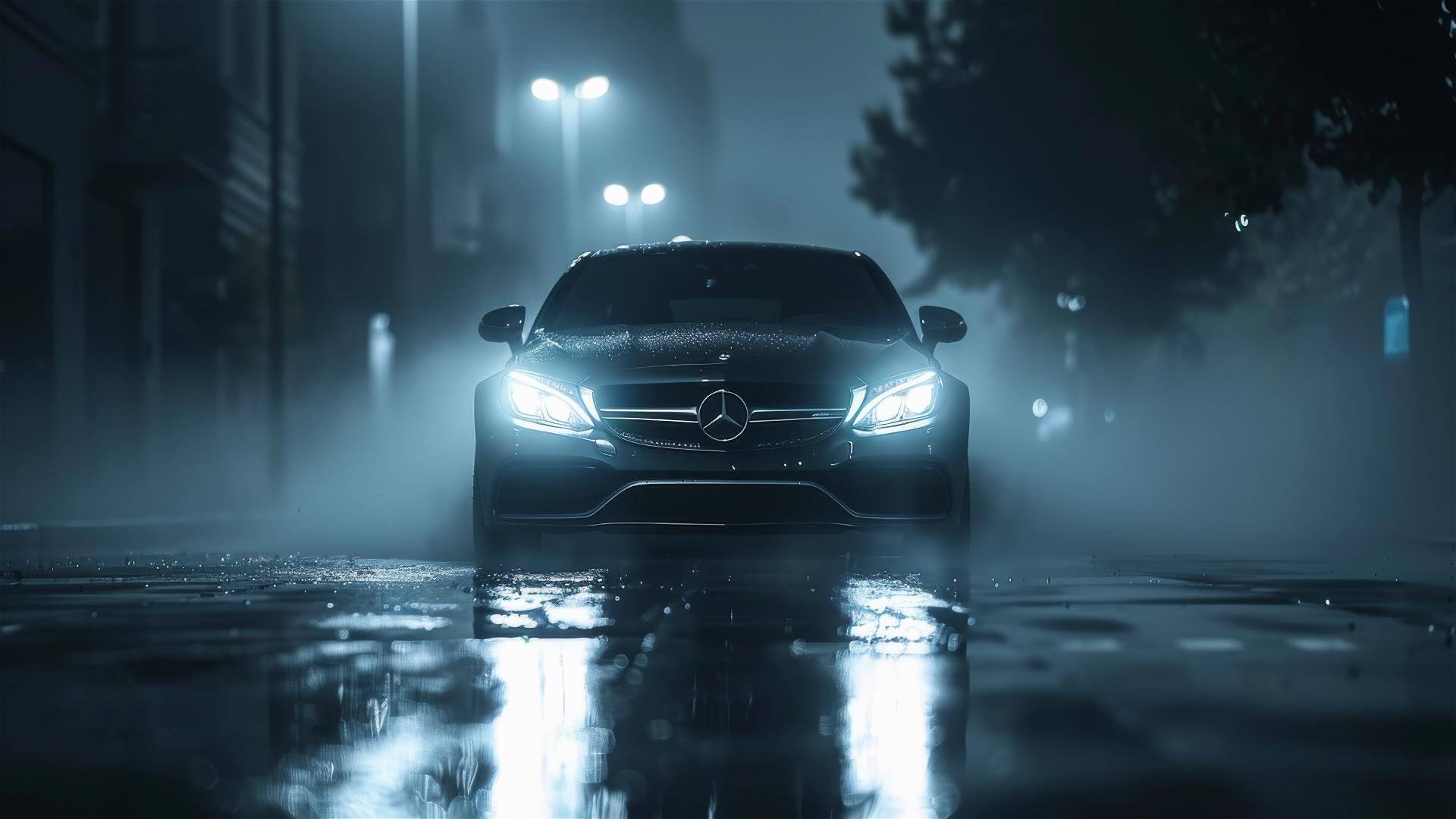 Photorealistic closeup of a Mercedes-Benz C-Class in dim, foggy, gothic lighting