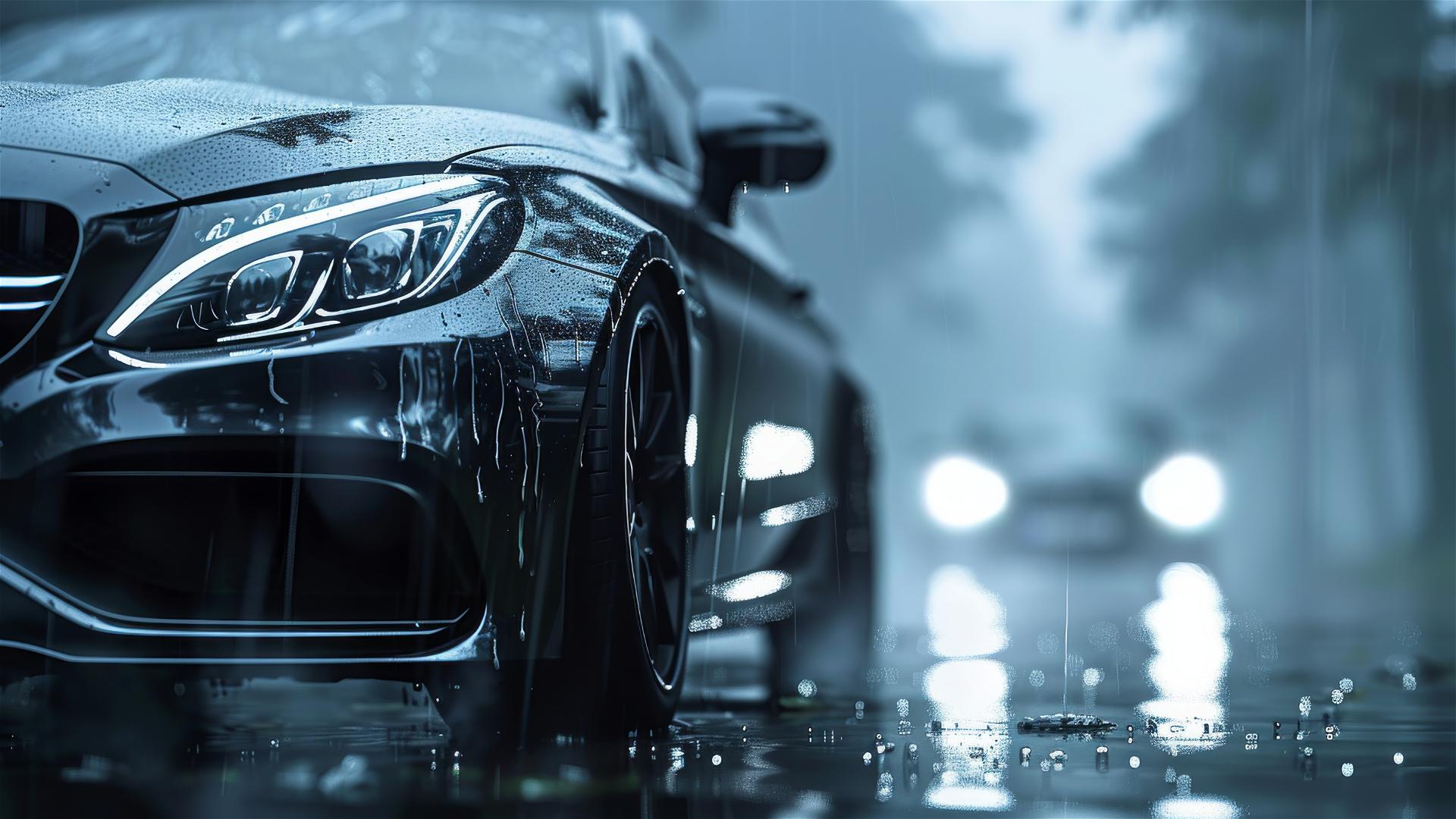 Closeup view of Mercedes-Benz C-Class in gothic gloomy and foggy dim lighting