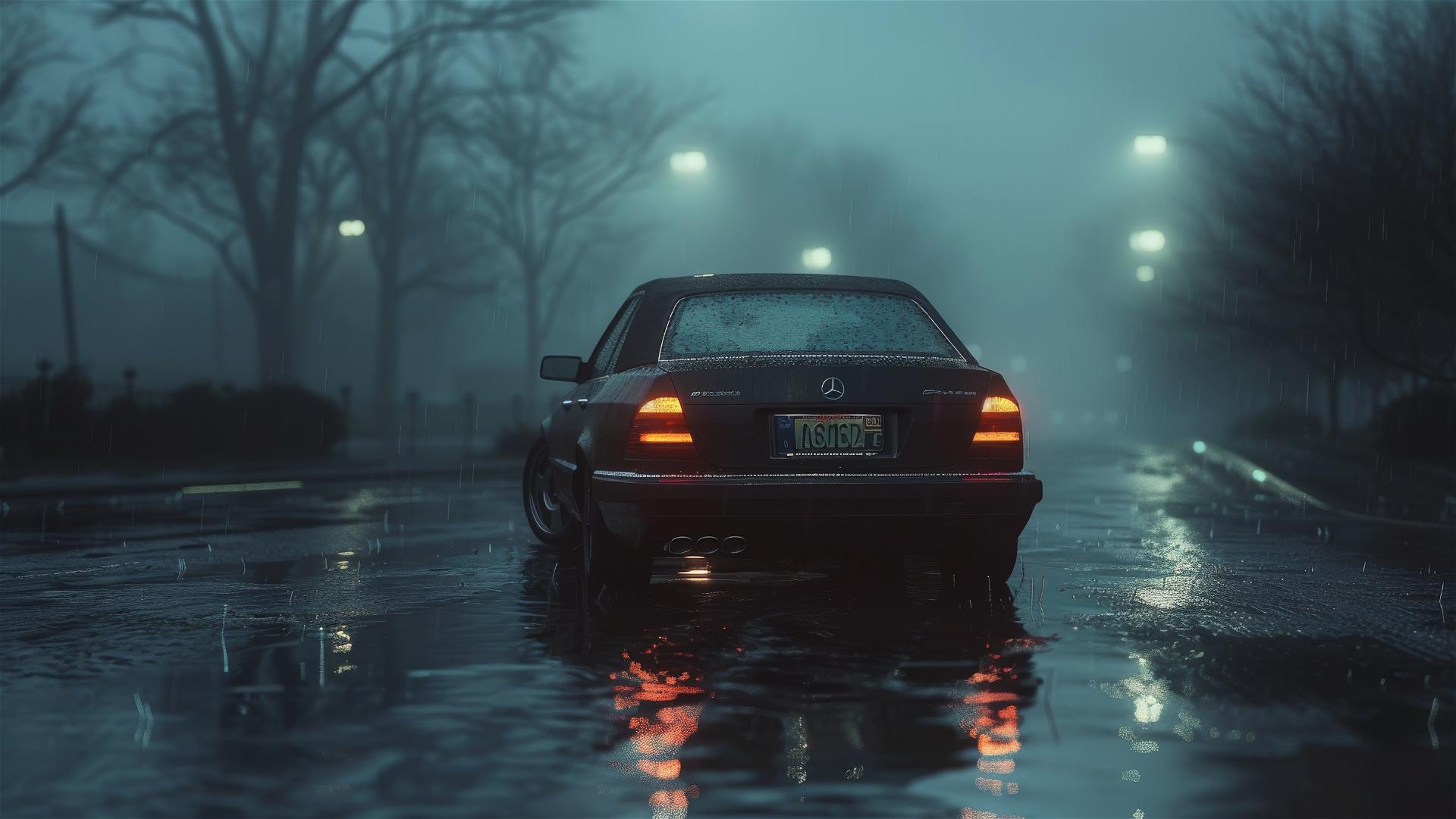 Photorealistic closeup of Mercedes-Benz C-Class in dim, foggy gothic setting