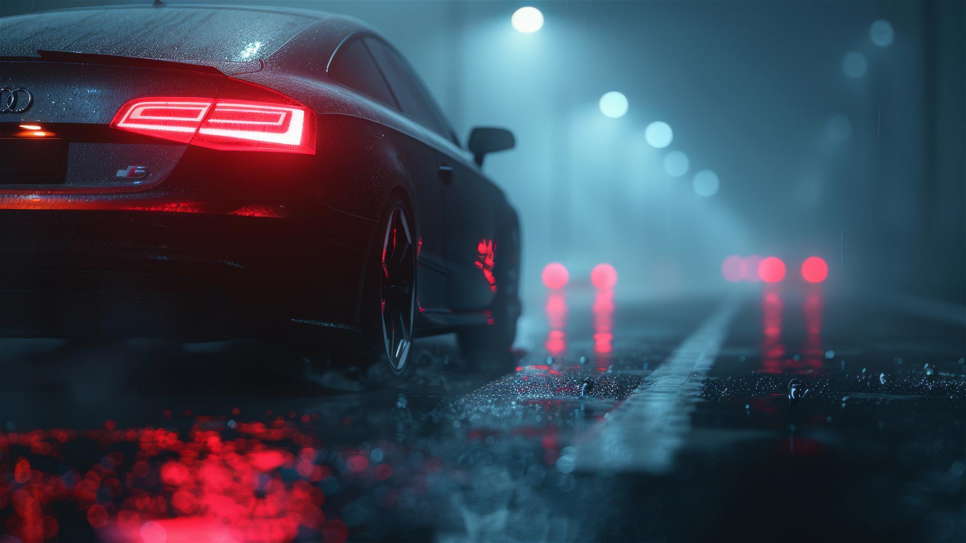 Closeup view of Audi RS3 under dim lighting in a gothic, gloomy and foggy ambiance, 8K photorealistic image
