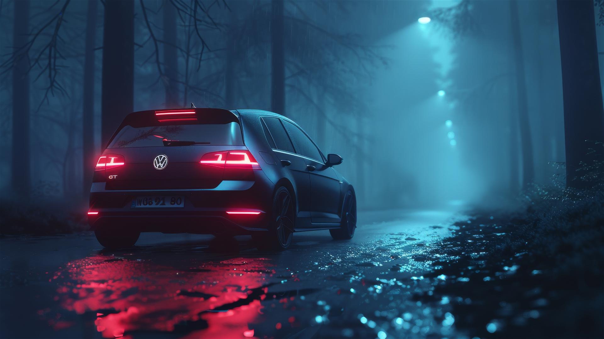 Photorealistic closeup of Volkswagen Golf GTI in dim, foggy, Gothic setting