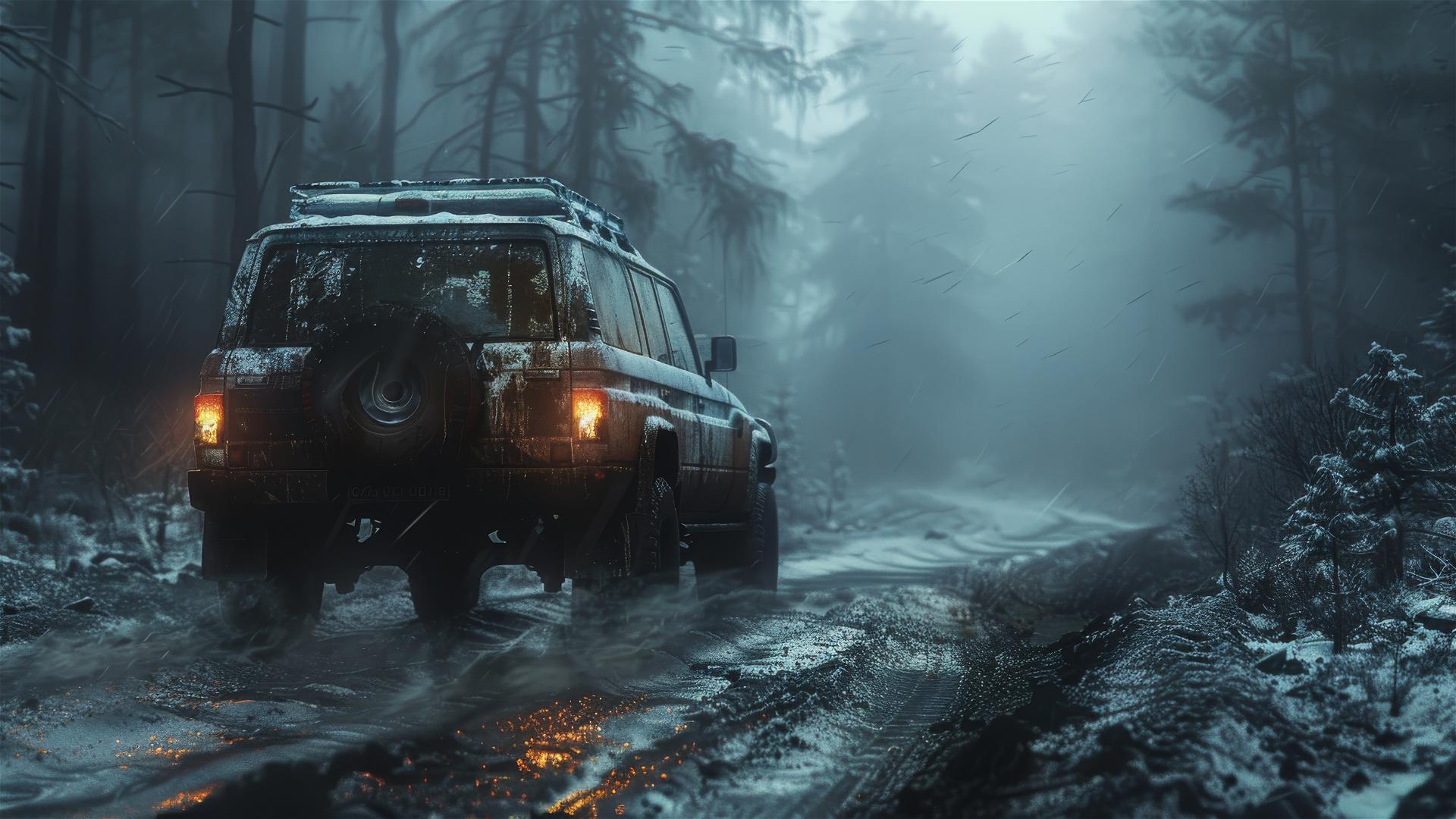 Gothic gloomy Toyota Land Cruiser under dim lighting in a foggy setting, closeup photorealistic view in 8k