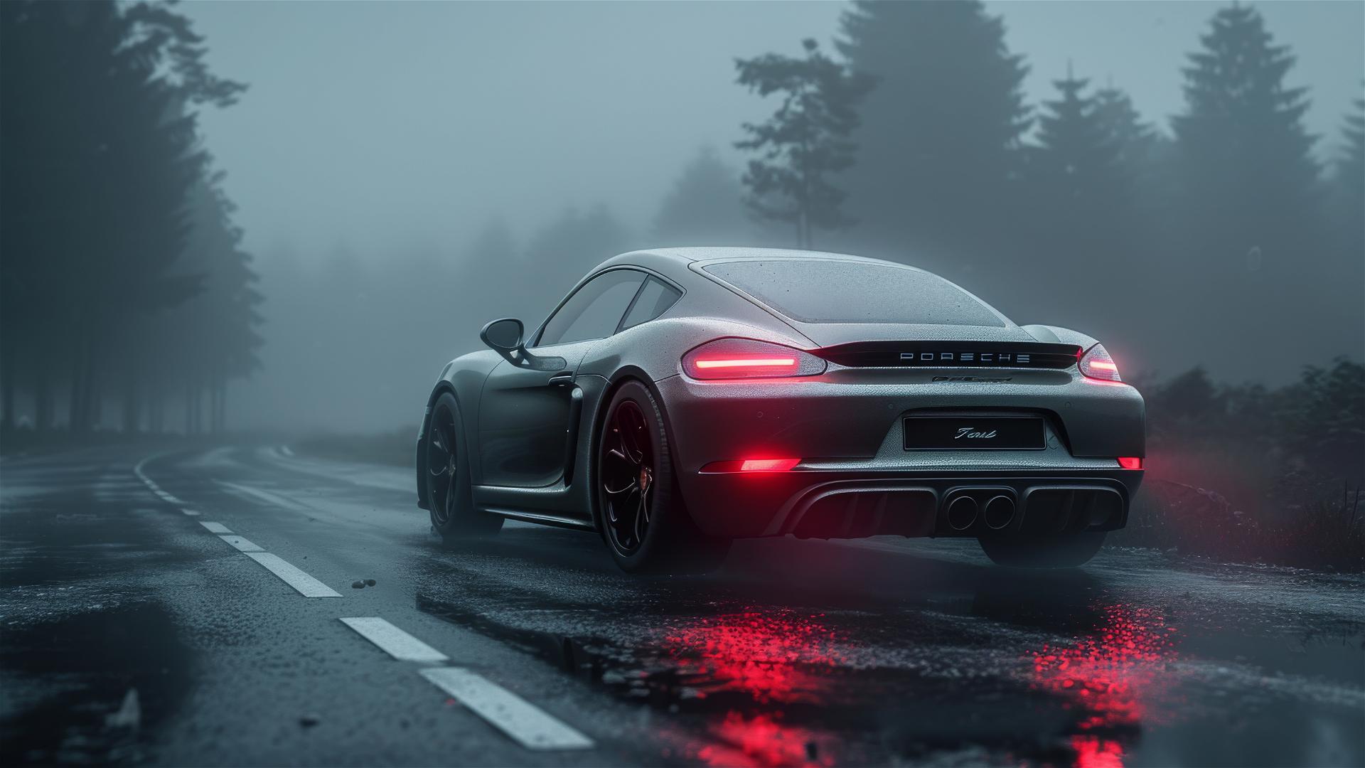 Porsche 718 in dim, gothic gloomy lighting with fog