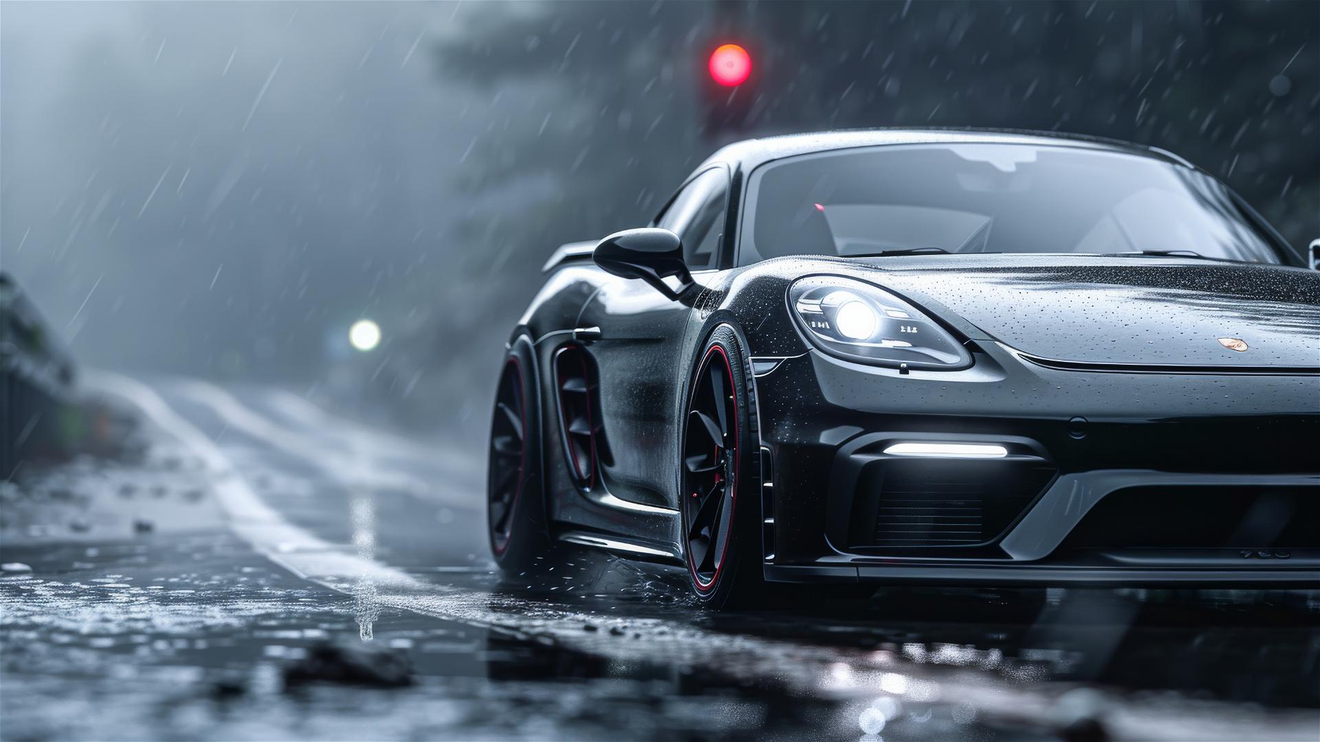 Porsche 718 in Gothic gloomy setting with dim lights and foggy ambience, captured in 8k photorealistic closeup view