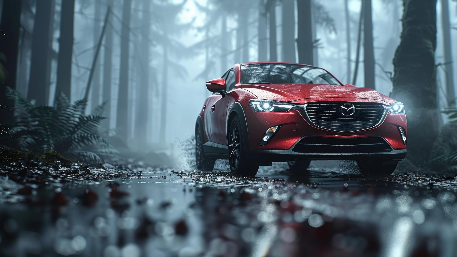 Mazda CX-3 in dim gothic lighting, closeup and foggy
