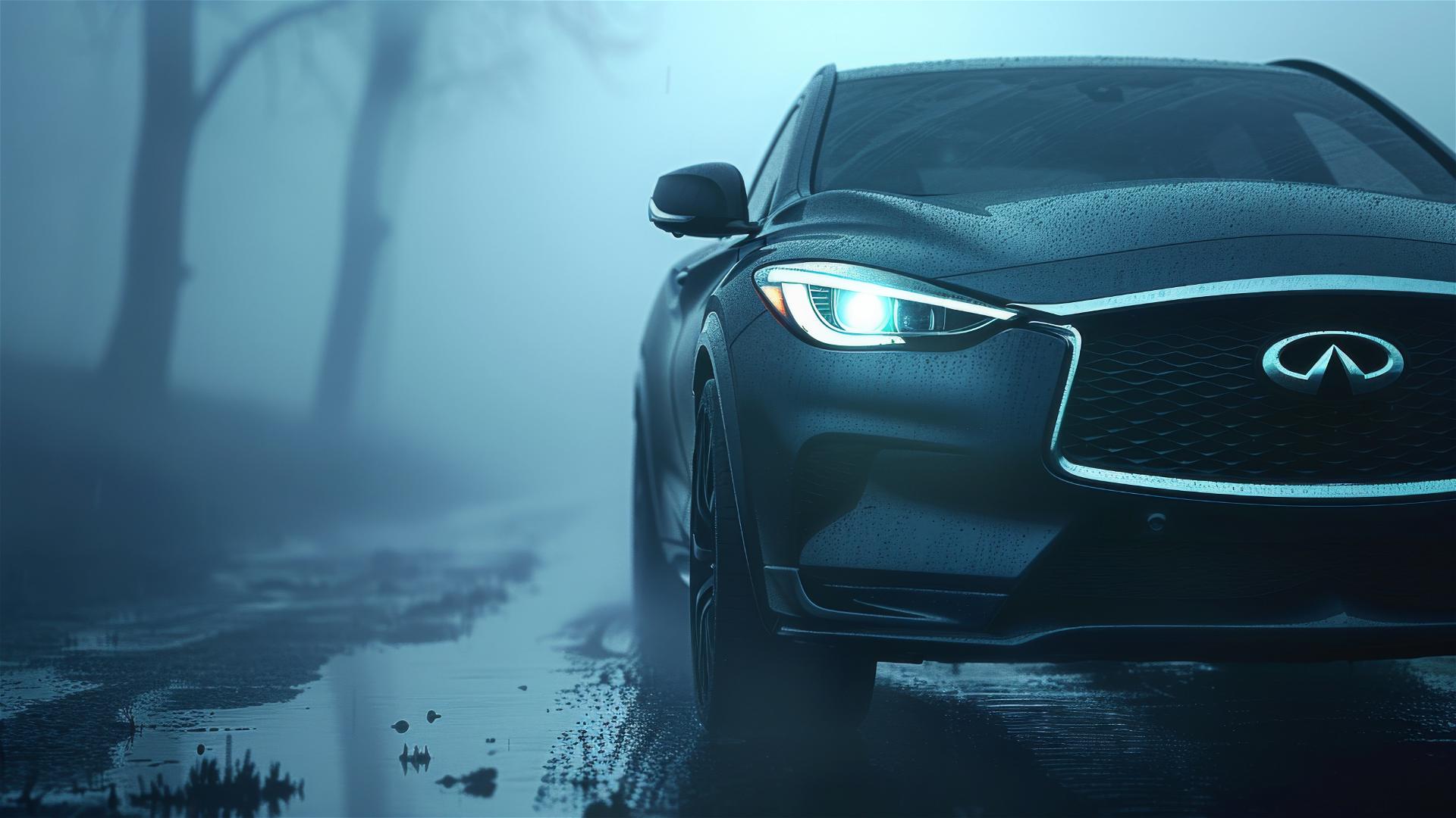 Close-up of Infiniti QX30 in dim, foggy light with a gothic gloomy mood