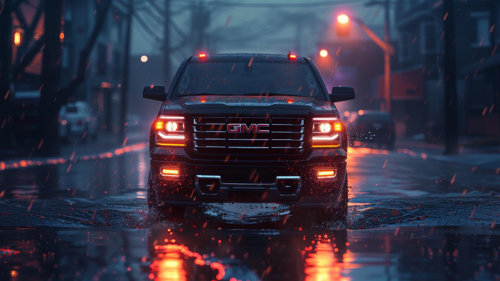 Gothic gloomy, foggy closeup view of a GMC Envoy in dim lighting
