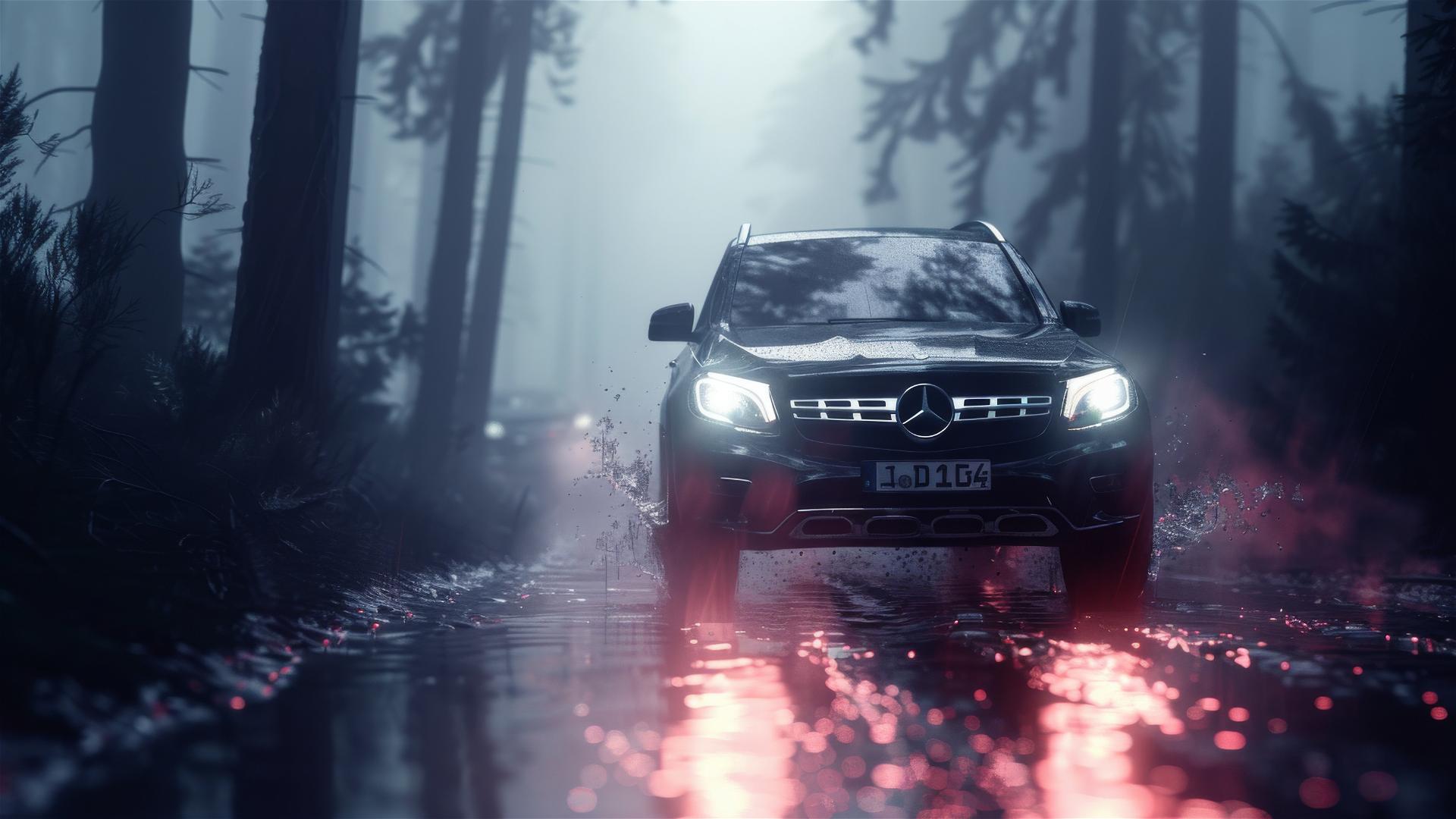 Closeup of Mercedes-Benz GLB in dim, foggy, gothic setting