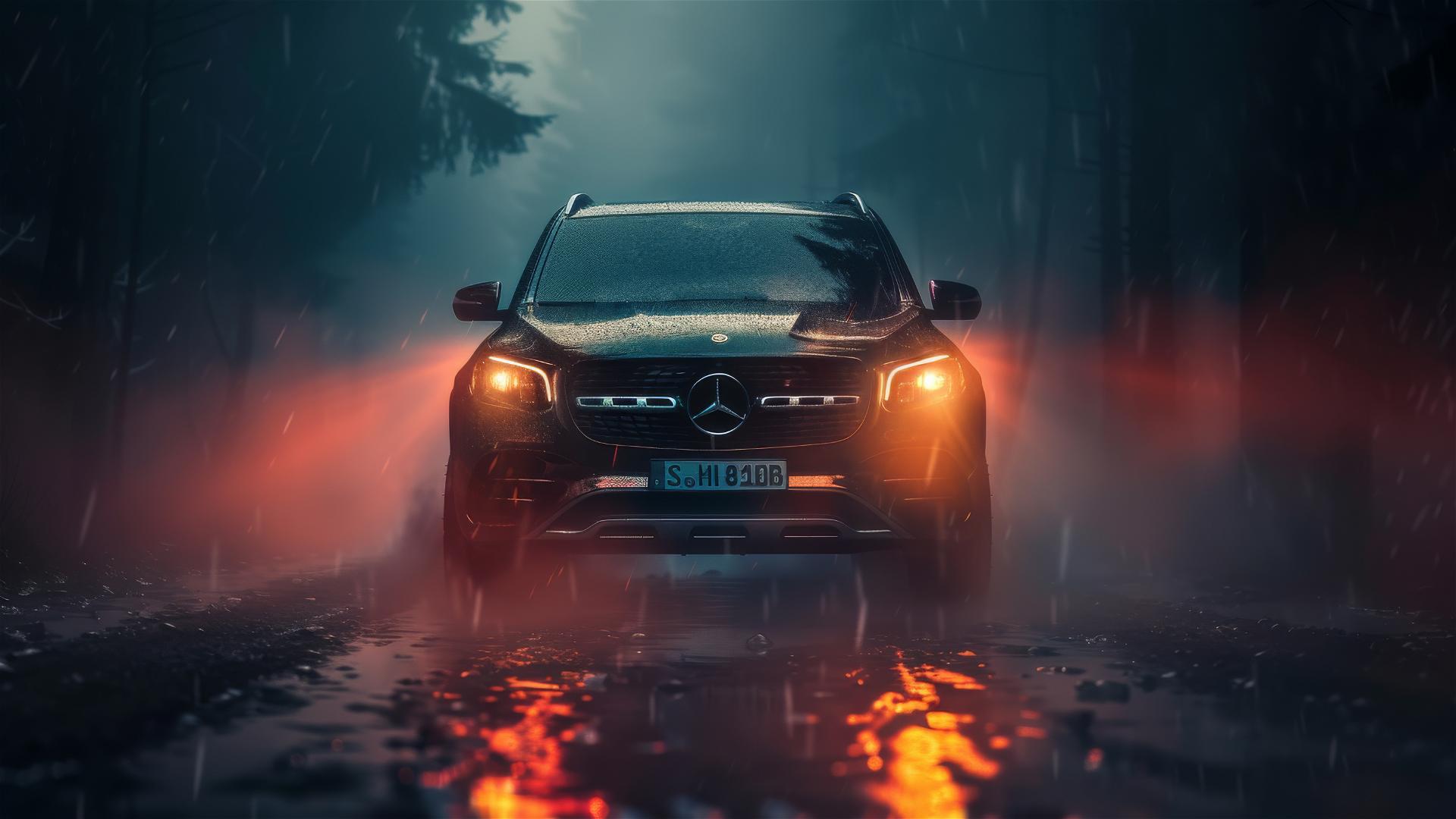 Mercedes-Benz GLB in dim light, gothic gloomy setting, closeup view in foggy conditions, photorealistic
