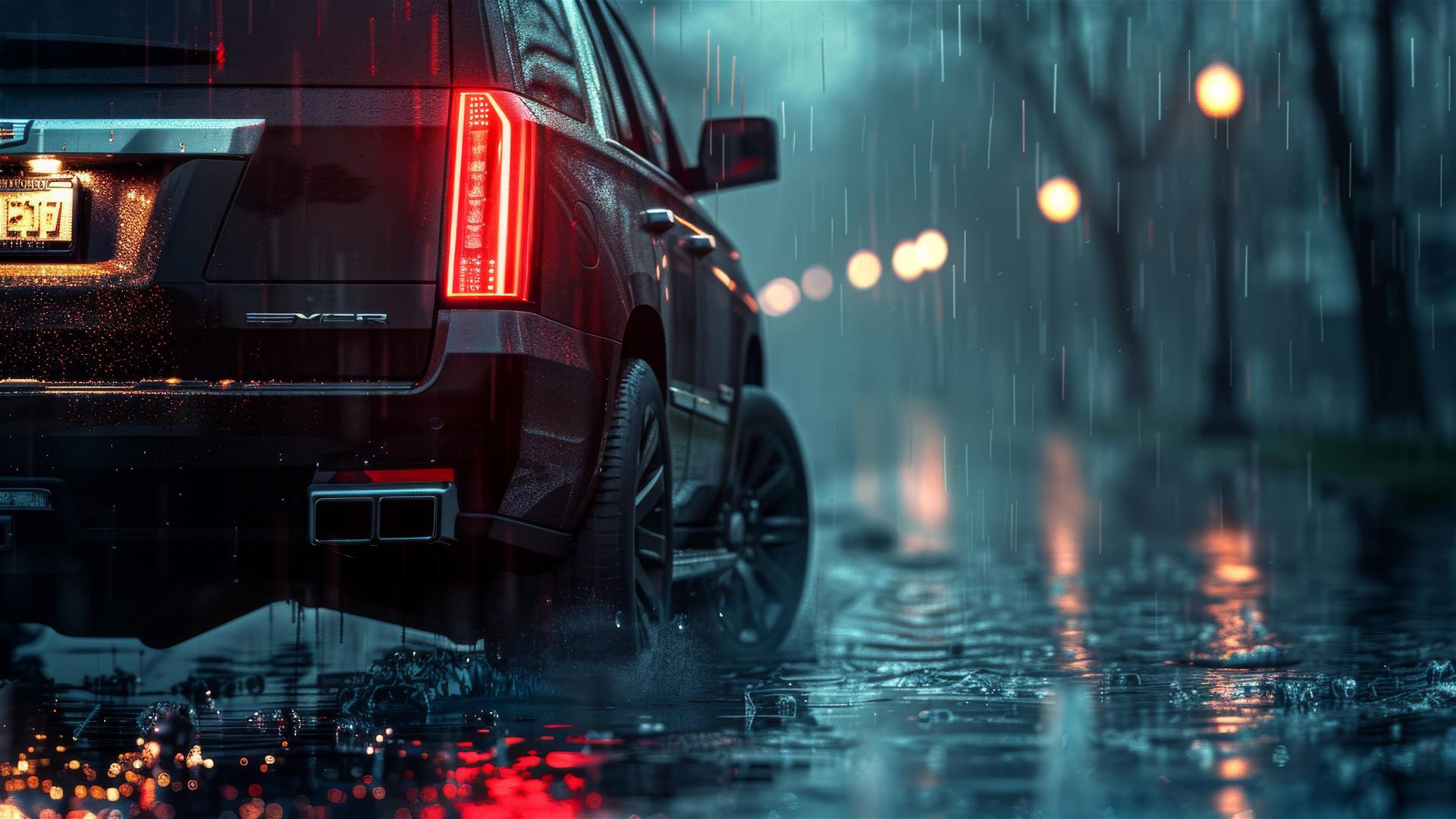 Close-up view of a Cadillac Escalade ESV in a foggy and dimly lit gothic setting